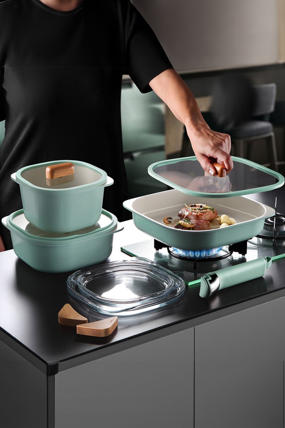 Fika Comfort Seramik Kaplama Yeşil Tencere ve Tava Seti - 10 Parça