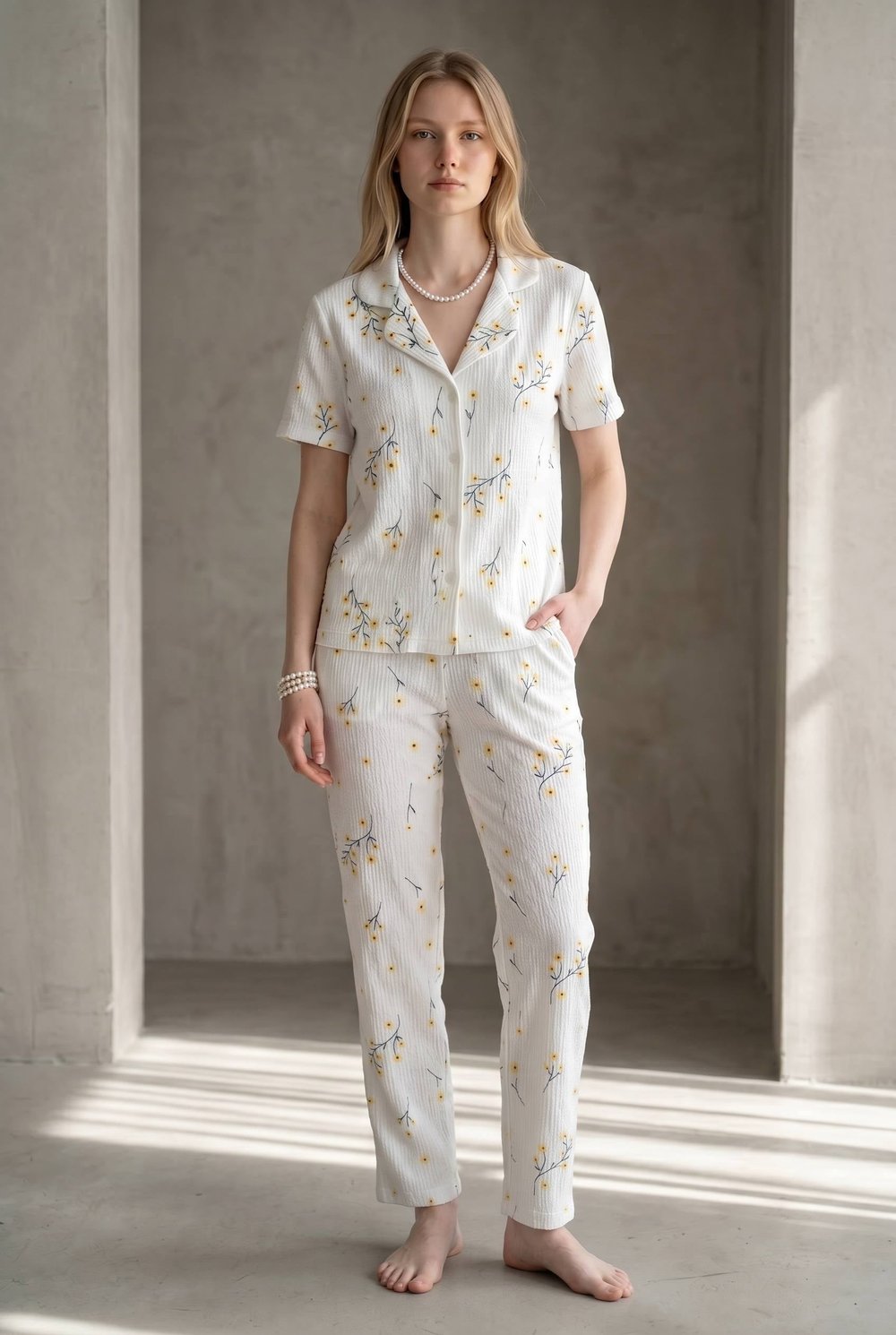 SUISY-Çıtır Çiçekli Beyaz Uzun Pijama Takımı SUISY COLLECTION