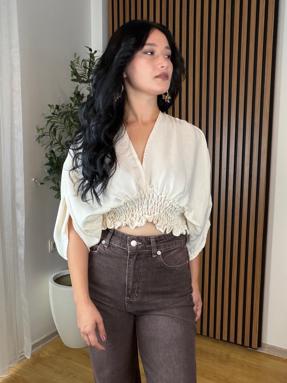 Beli Lastikli Müslin Kumaş Crop