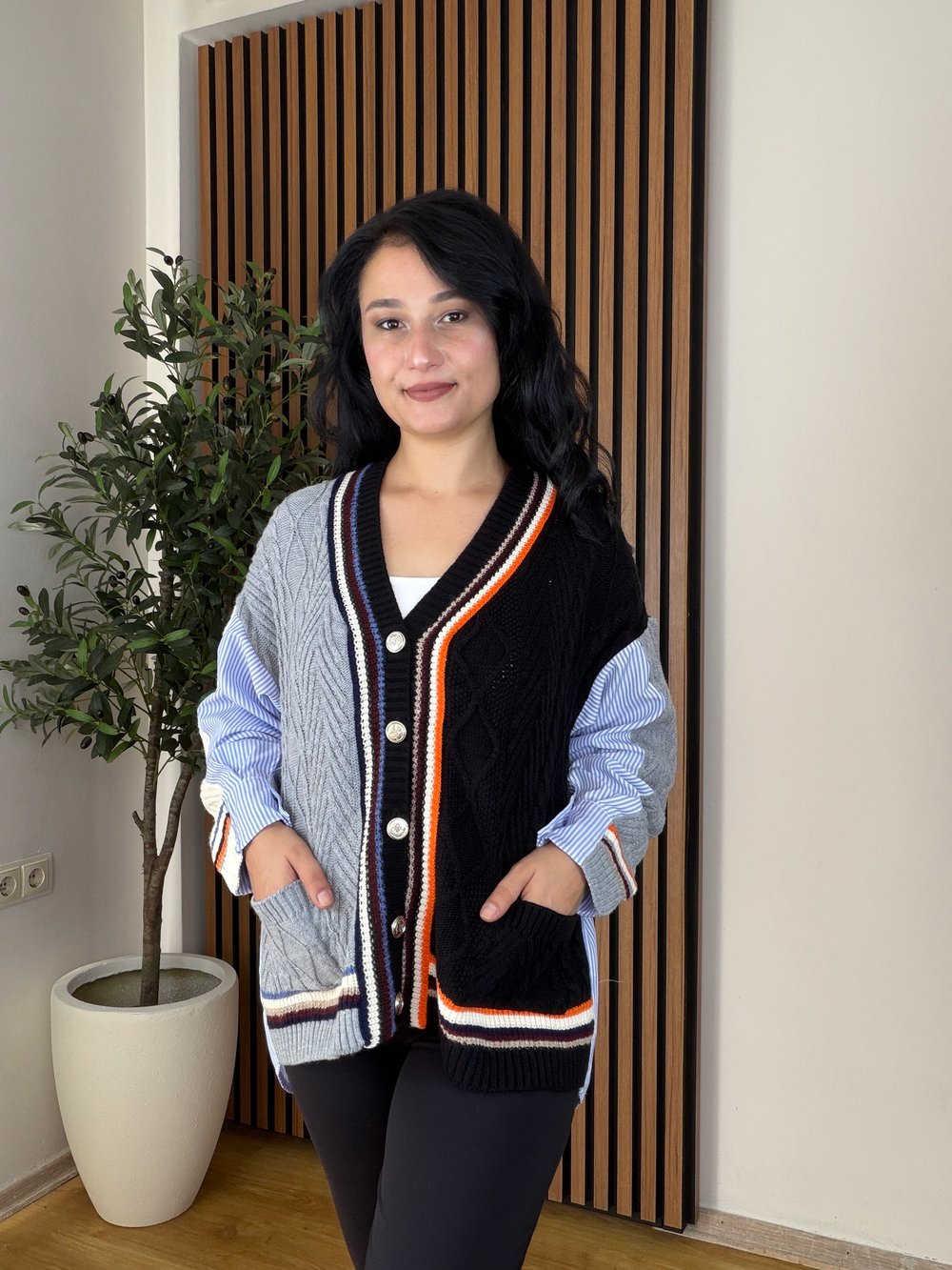 Cep Detaylı Poplin & Triko Mix Tasarım Hırka