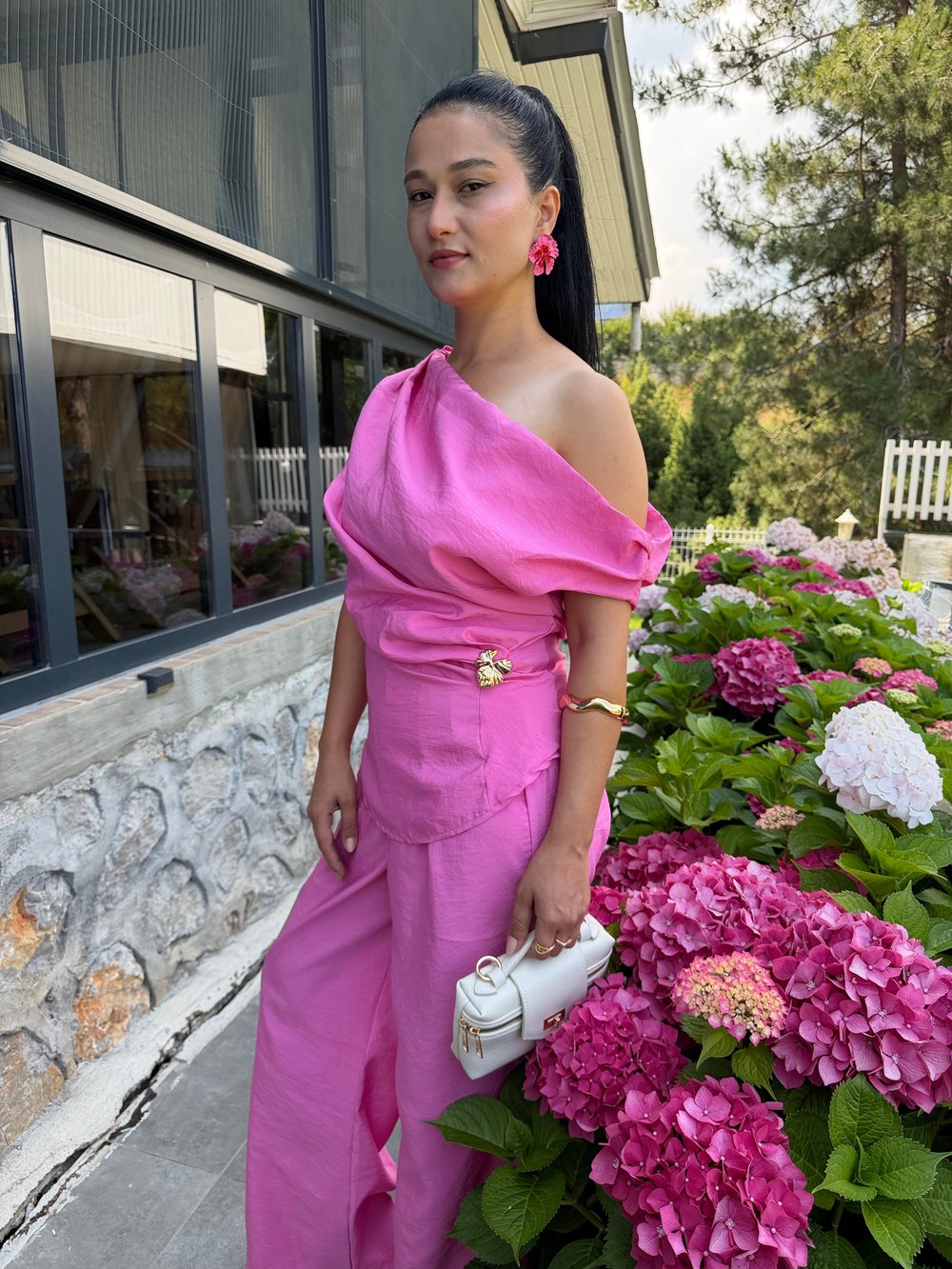 Gold Tokalı Yandan Fermuarlı Saten Takım-Pembe