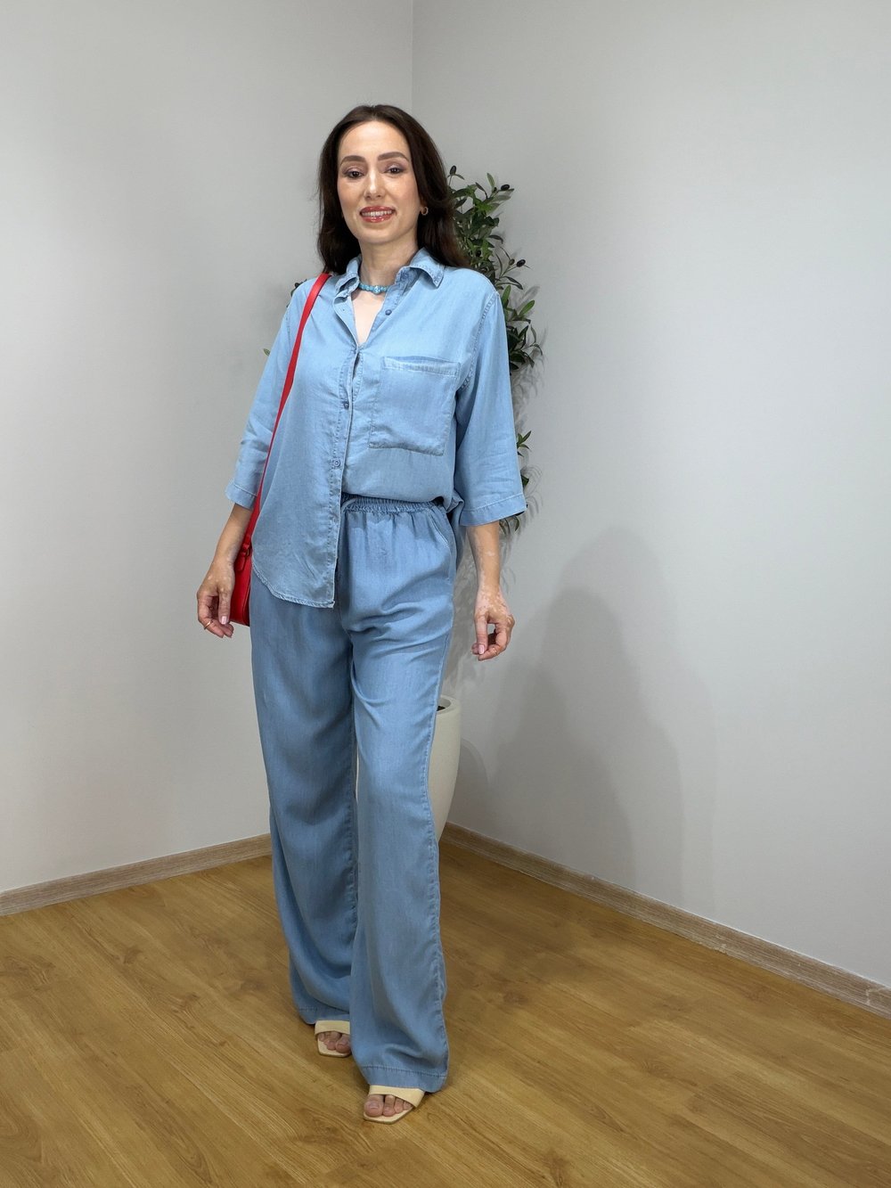 Henna Buz Mavi Yarım Kol Tensel Denim Takım