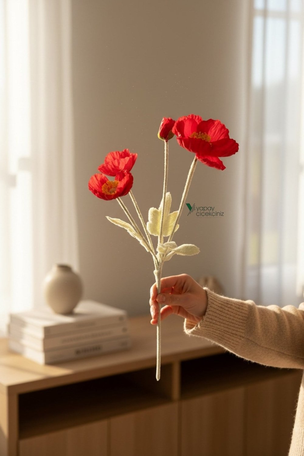 60 cm 4 Dallı Tüylü Dokulu Yapay Gelincik Çiçeği