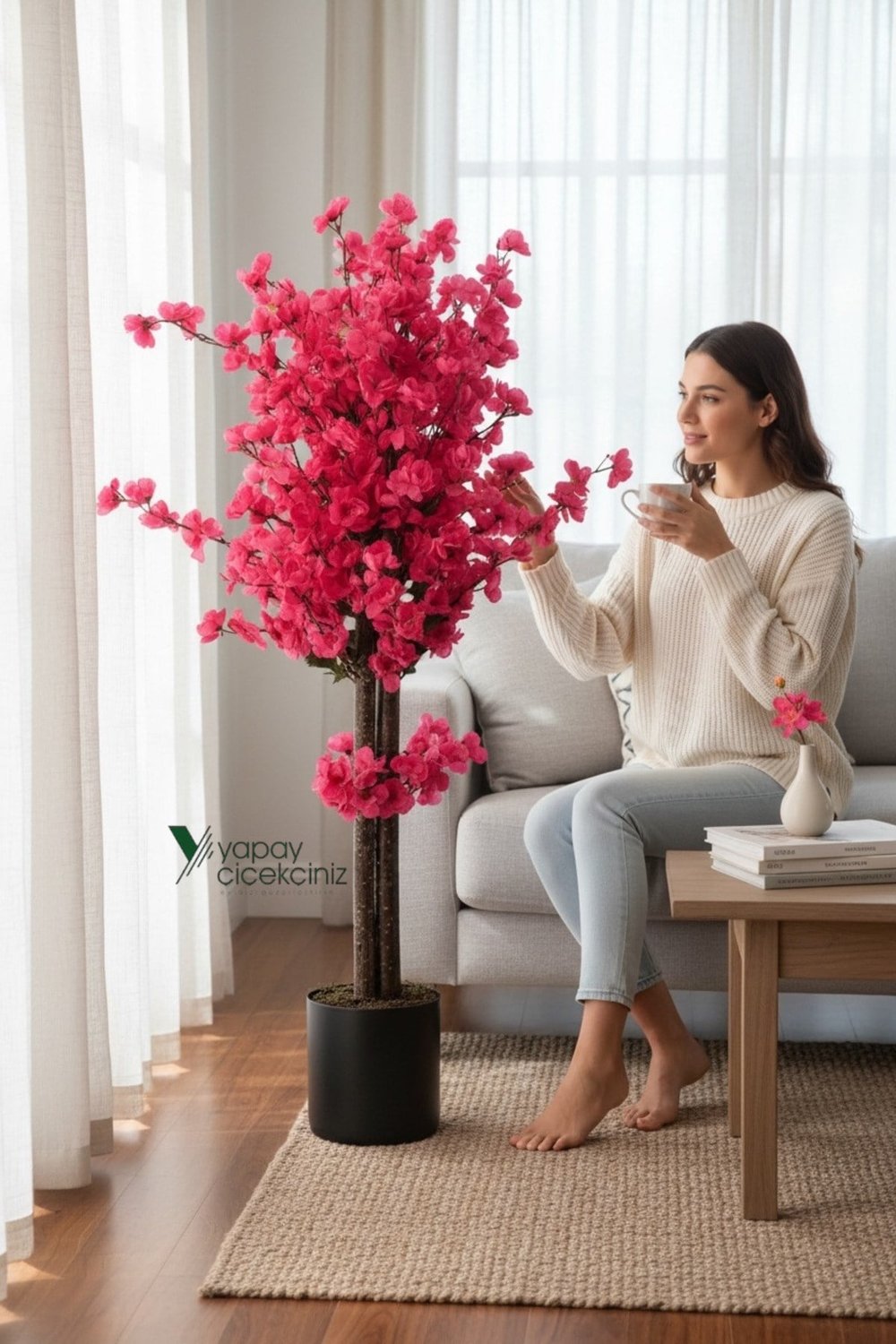 Gri Saksıda 100 Cm Nar Çiçeği Renkli Yapay Bahar Dalı Ağacı