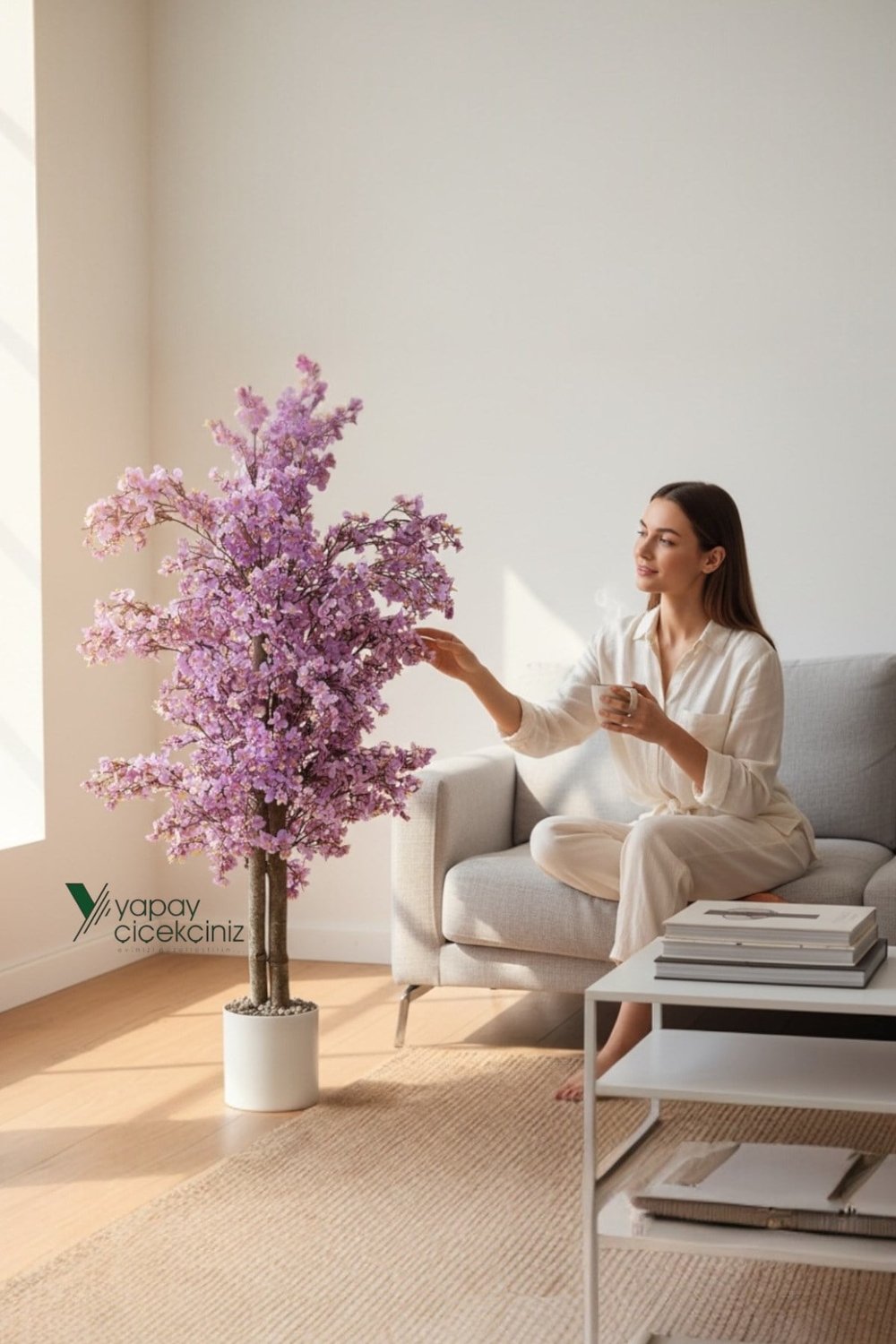Yoğun Yapraklı 100 cm Lila Yapay Sakura Bahar Dalı Ağacı Premium