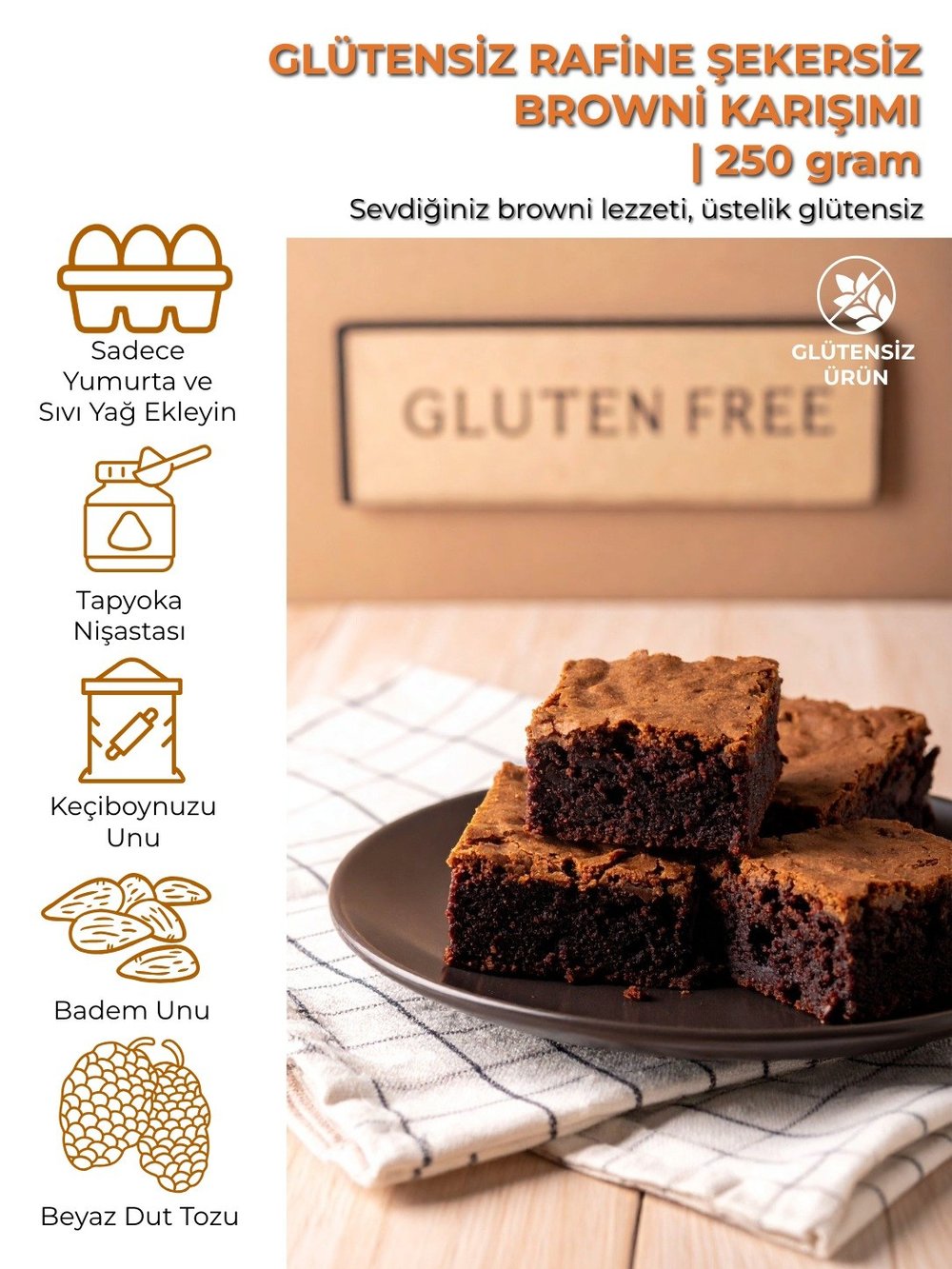 Glutensiz Rafine Şekersiz Browni Karışımı | 250 g