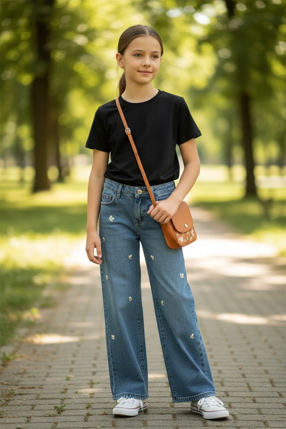 Kız Çocuk Nakışlı Jean Pantolon Bol Paça Rahat Kalıp Günlük Denim Pantolon