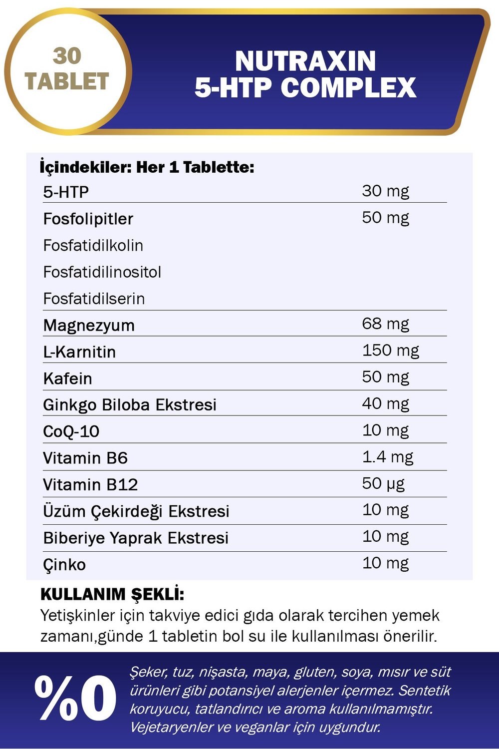 5-HTP Complex 30 Tablet–Serotonin Desteği, B6 & B12 Vitaminli, Ginkgo Biloba ve Koenzim Q10 İçerikli