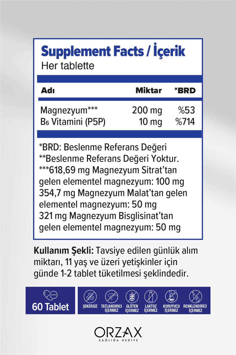 ExtraMag Üçlü Kombinasyon Magnezyum 200 mg Takviye Edici Gıda 60 Tablet