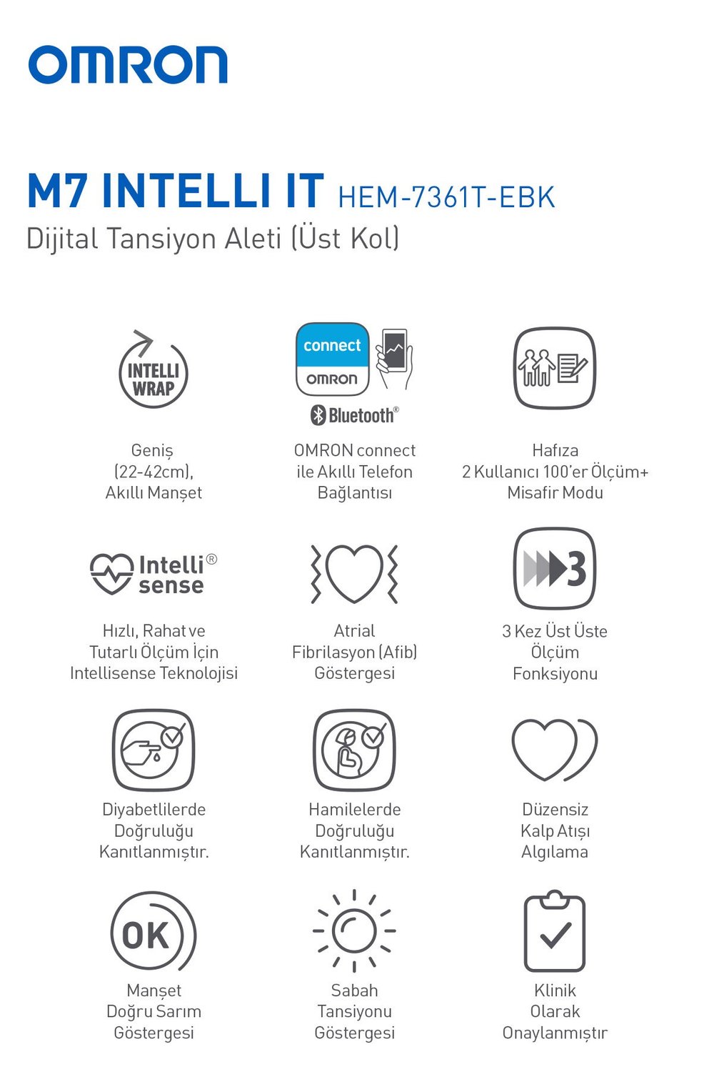 M7 Intelli IT Üst Koldan Dijital Pilli Tansiyon Aleti – AFib Göstergeli, Bluetooth, Akıllı Manşetli