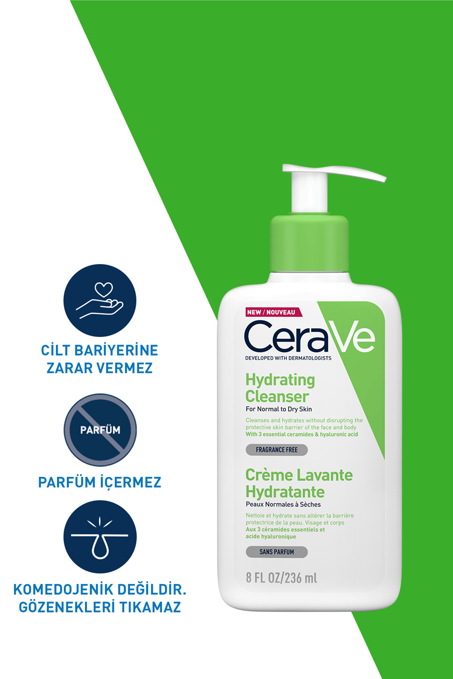 Normal ve Kuruya Dönük Ciltler için Seramid & Hyalüronik Asit İçeren Nemlendiren Temizleyici 236ml