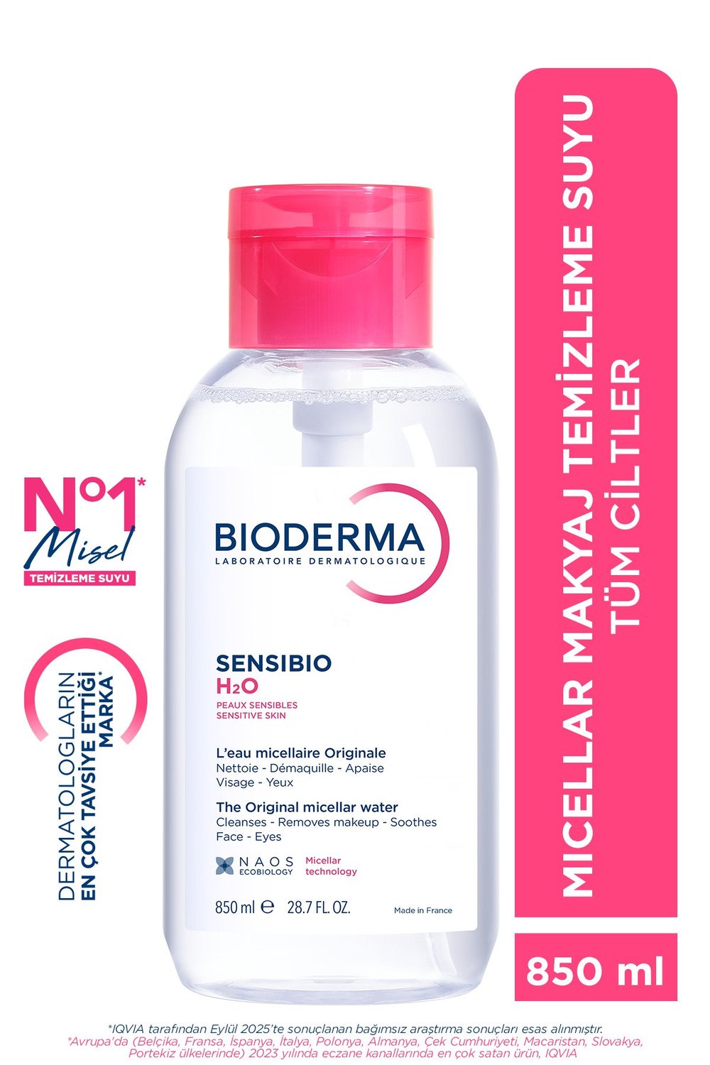 Sensibio H2O Hassas ve Normal Ciltler için Micellar Arındırıcı Makyaj Temizleme Suyu 850 ML