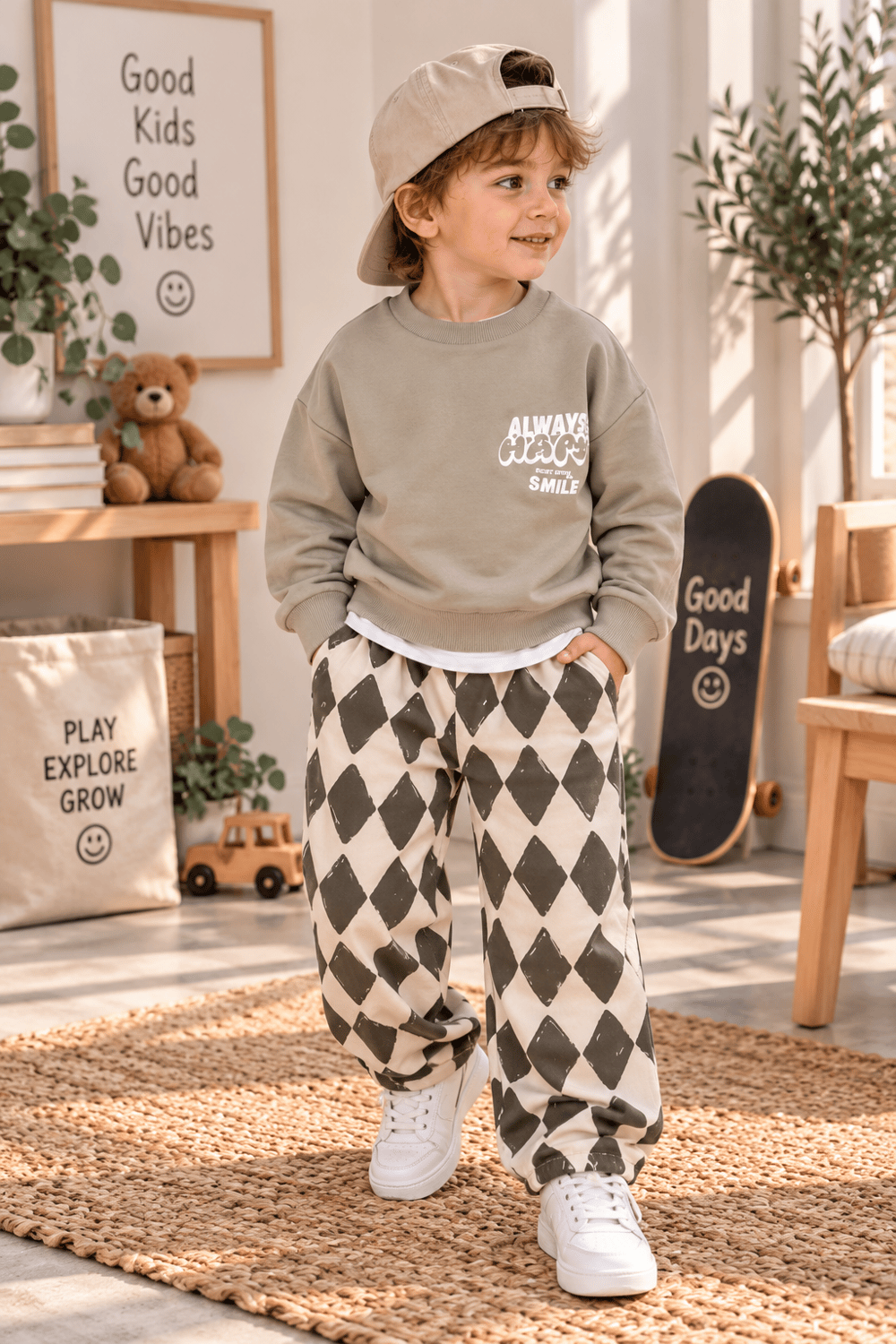 Su yeşili Baskılı Sweatshirt Desenli Bol Paça Karo Desenli Pantolon 2'li Takım