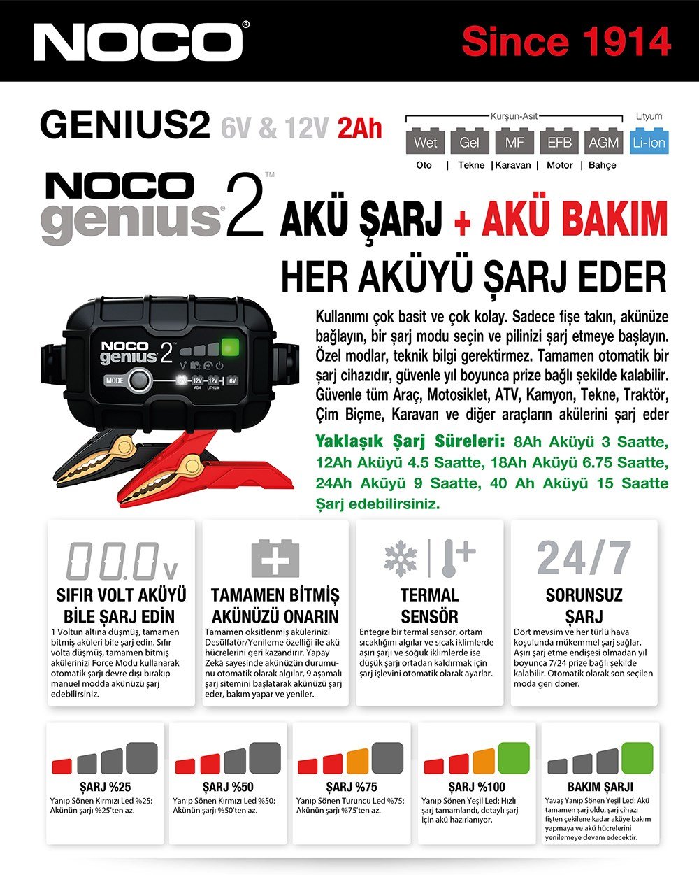 NOCO 6V/12V 2 Lİ 2 AMPER AKÜ ŞARJ CİHAZI / UNIVERSAL / cc
