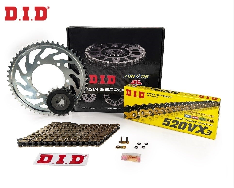 ZİNCİR DİŞLİ SETİ - CF MOTO MT (650 CC) - (2022-2024) / DID ZİNCİRLİ SET / ZİNCİR : DID-520VX3 (GOLD)-116 / DİŞLİ : (15T -46T) / CF MOTO / MT / 650cc