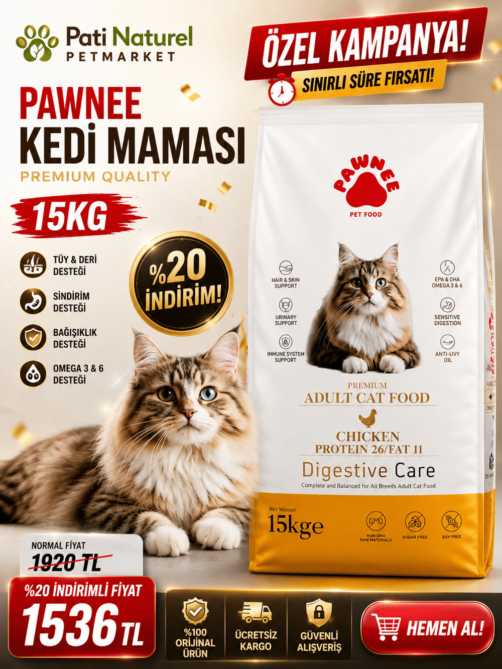 PAWNEE Aldut tavuklu ekonomik kedi maması 15kg