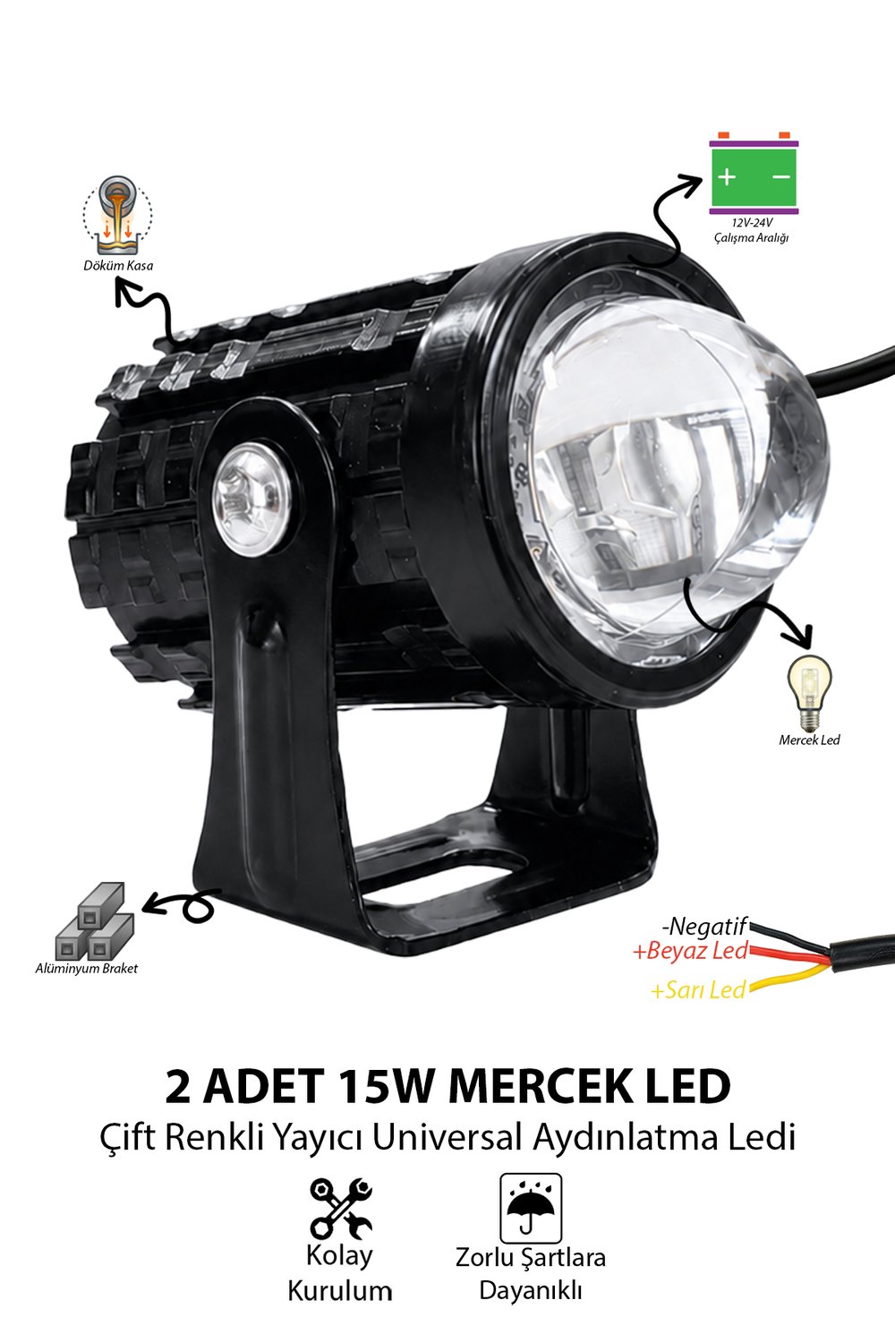 2 Adet 15W Mini Mercekli Motosiklet Sis Lambası Çift Renkli Beyaz ve Sarı 12V-24V Döküm Gövde