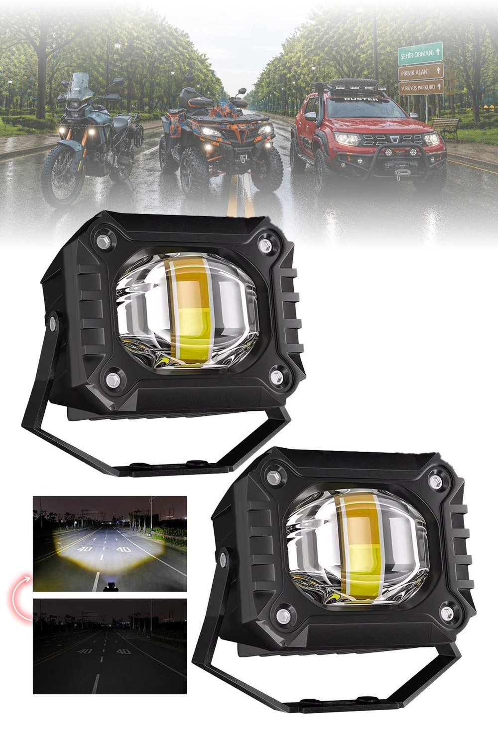 2 Adet 15W Tek Mercekli Motosiklet Sis Lambası Çift Renkli Beyaz Sarı LED Yayıcı 12V-24V Alüminyum Braketli Demir Döküm Siyah Renk