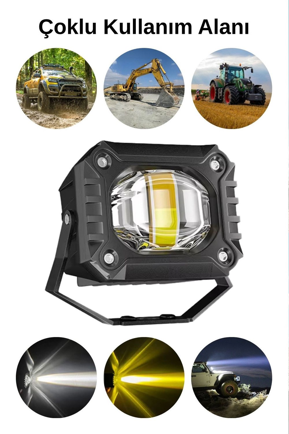 2 Adet 15W Tek Mercekli Motosiklet Sis Lambası Çift Renkli Beyaz Sarı LED Yayıcı 12V-24V Alüminyum Braketli Demir Döküm Siyah Renk
