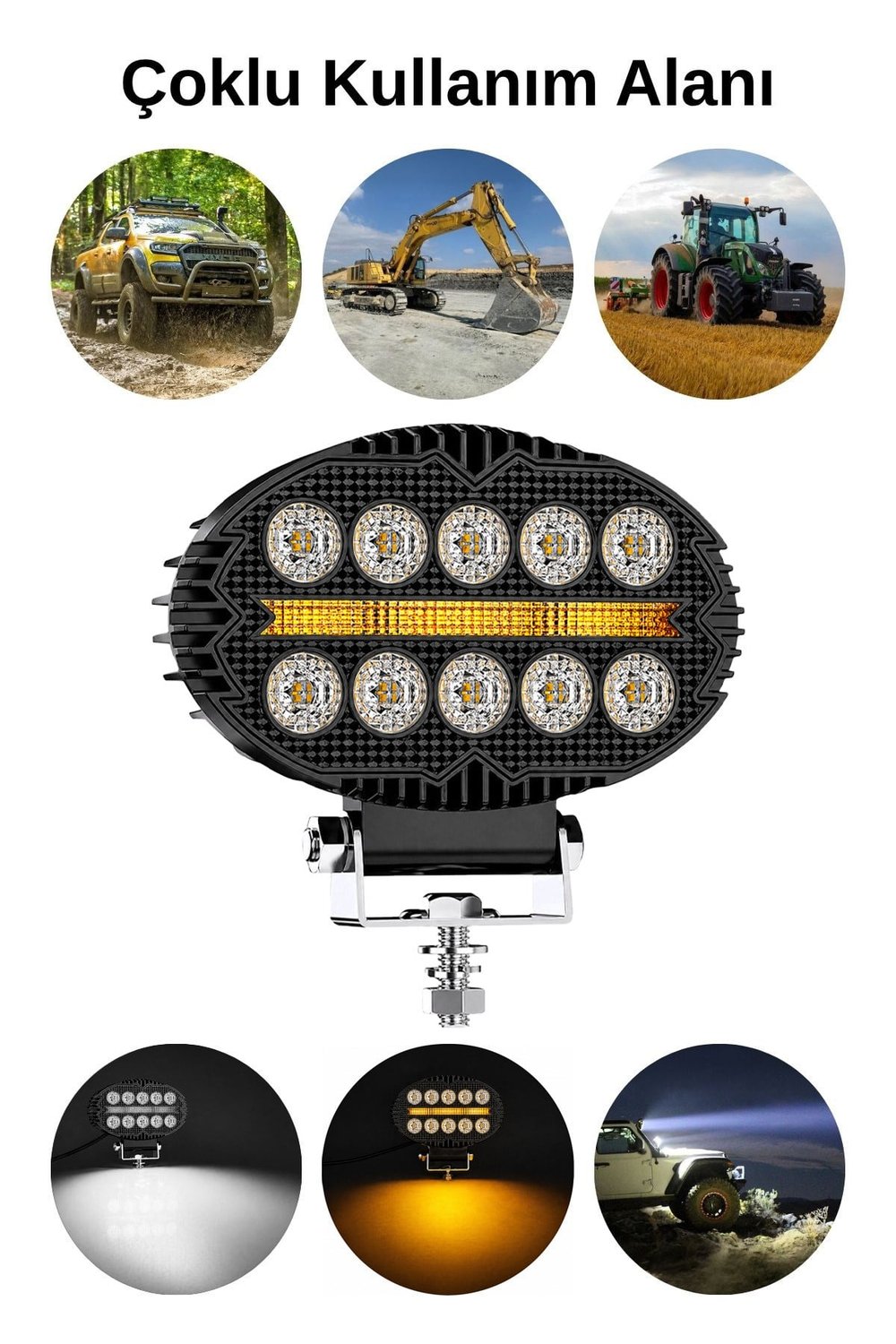 2 Adet 20W 10 LED Oval Off Road Sarı Çakar Modlu Aydınlatma Ledi Çalışma Lambası Demir Döküm Siyah Renk