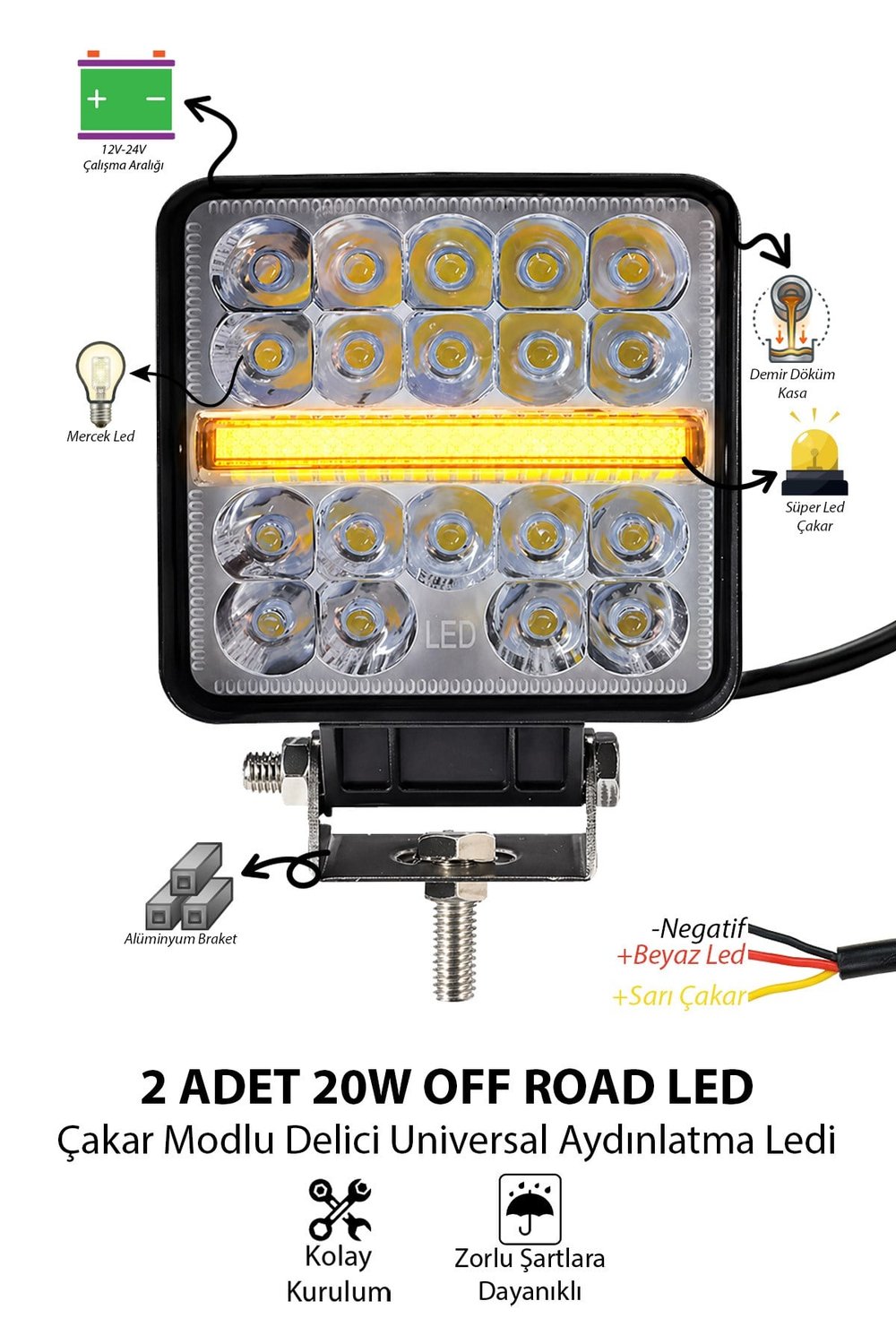 2 Adet 20W 19 LED Kare 11 Cm Off Road Çakar Modlu Aydınlatma Ledi Çalışma Lambası Demir Döküm Siyah Renk