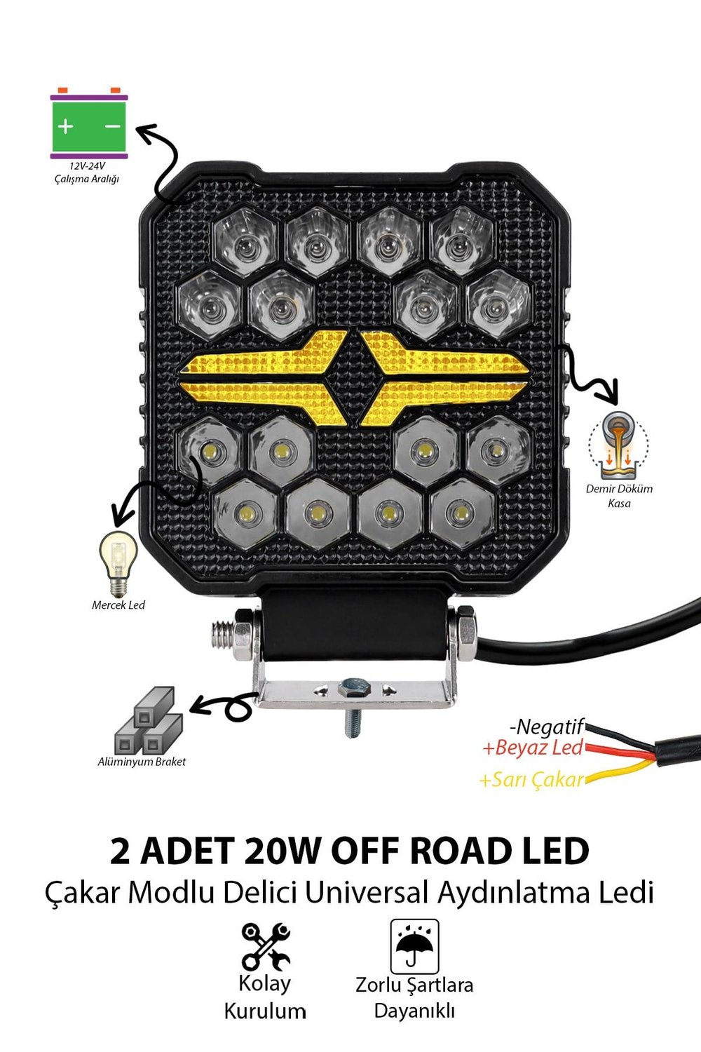 2 Adet 20W 18 Mercek LED Kare Off Road Beyaz Aydınlatma Sarı Çakar Modlu Çalışma Lambası 12V-24V Demir Döküm Siyah Renk