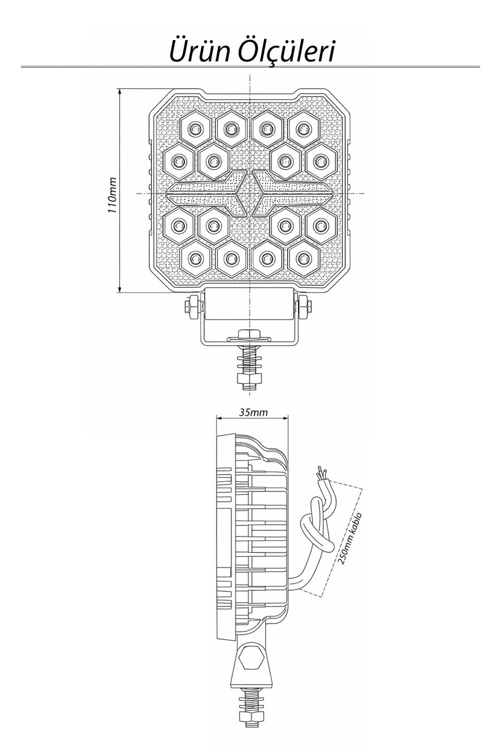 2 Adet 20W 18 Mercek LED Kare Off Road Beyaz Aydınlatma Sarı Çakar Modlu Çalışma Lambası 12V-24V Demir Döküm Siyah Renk