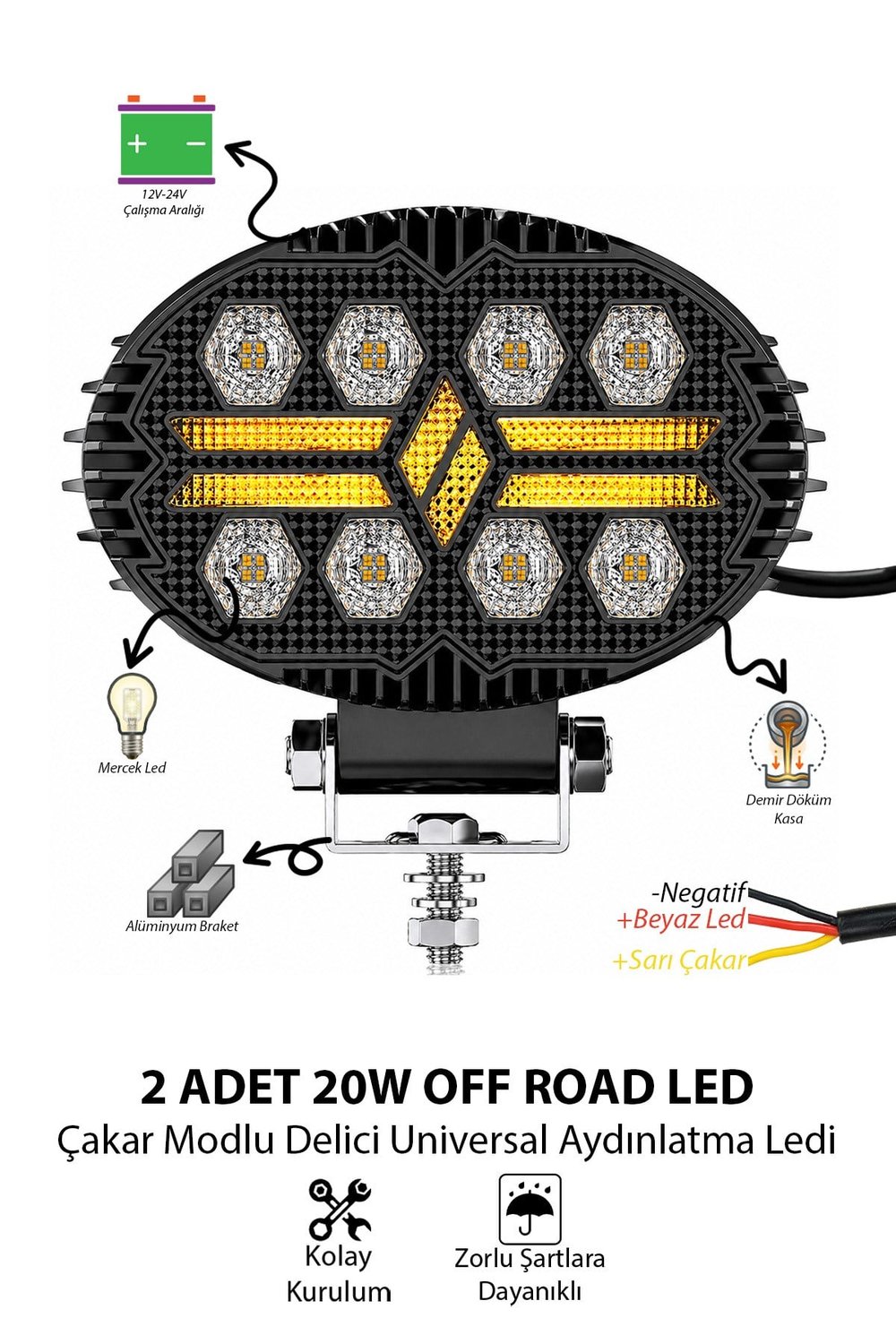 2 Adet 20W 8 LED Oval Off Road Sarı Çakar Modlu Aydınlatma Ledi Çalışma Lambası Demir Döküm Siyah Renk