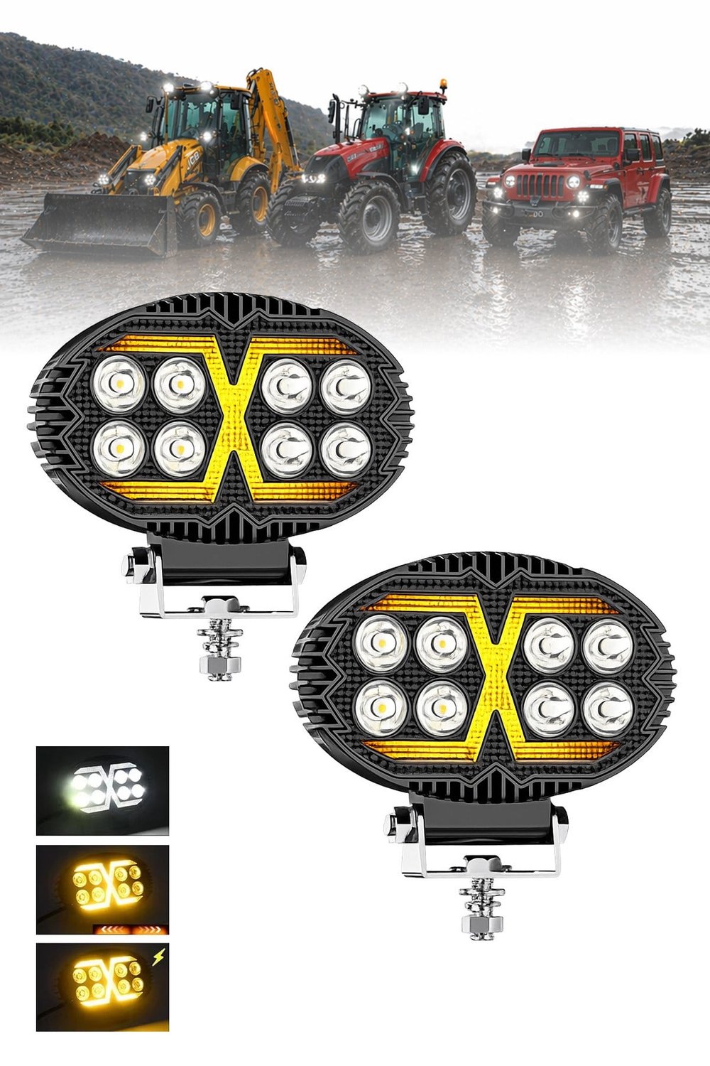2 Adet 20W 8 LED Oval Off Road Sarı Çakar Modlu Aydınlatma Ledi Çalışma Lambası Demir Döküm Siyah Renk