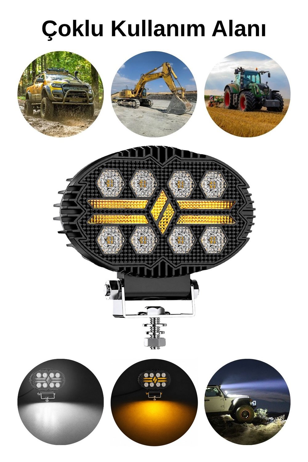 2 Adet 20W 8 LED Oval Off Road Sarı Çakar Modlu Aydınlatma Ledi Çalışma Lambası Demir Döküm Siyah Renk