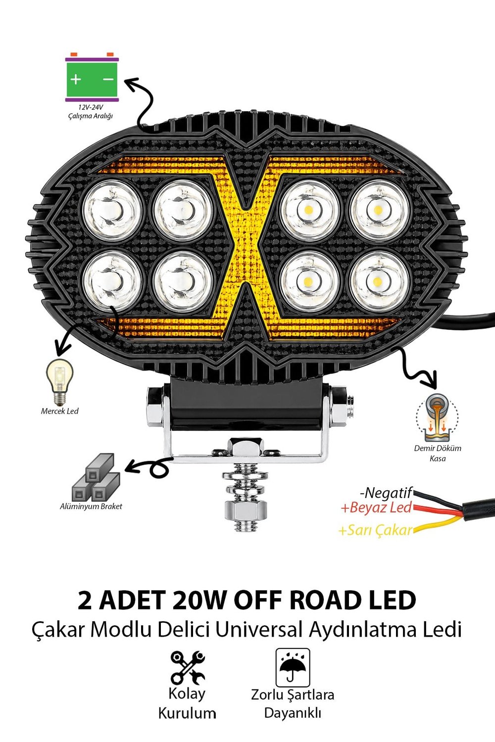 2 Adet 20W 8 LED Oval Off Road Sarı Çakar Modlu Aydınlatma Ledi Çalışma Lambası Demir Döküm Siyah Renk