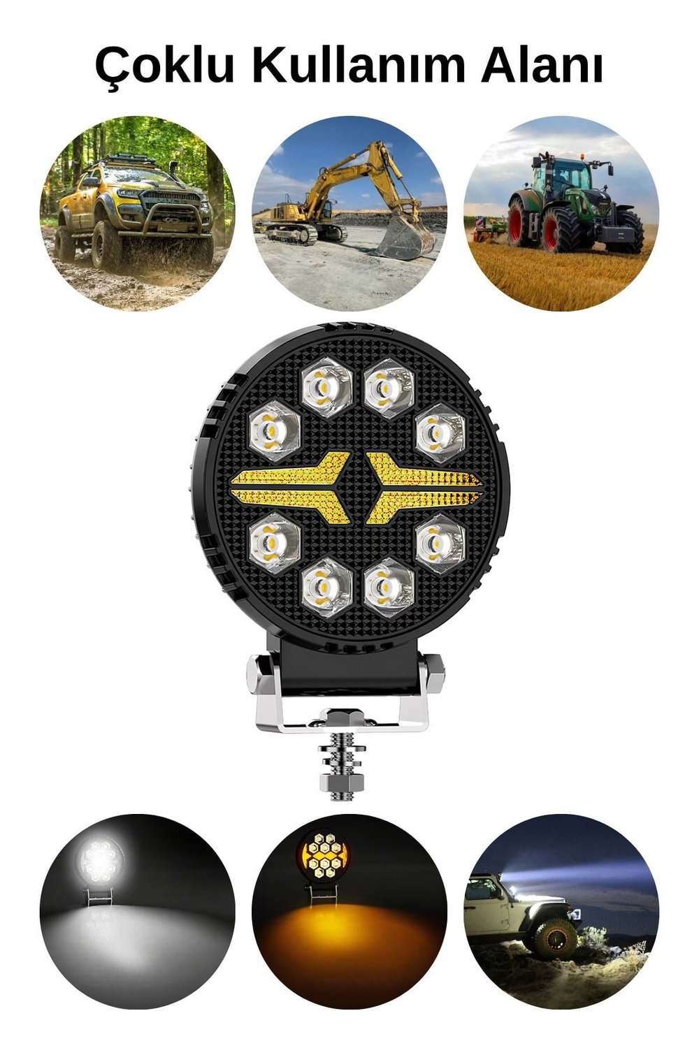 2 Adet 20W 8 Mercek LED Yuvarlak Off Road Beyaz Aydınlatma Sarı Çakar Modlu Çalışma Lambası 12V-24V Demir Döküm Siyah Renk