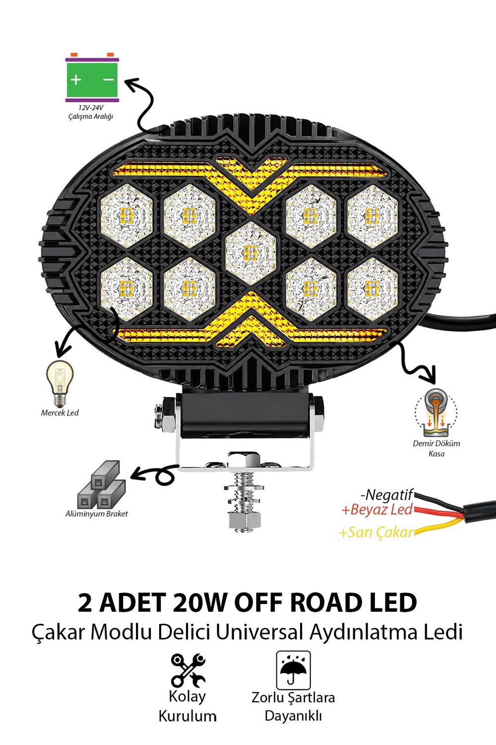 2 Adet 20W 9 LED Oval Off Road Çakar Modlu Aydınlatma Ledi Çalışma Lambası Demir Döküm Siyah Renk