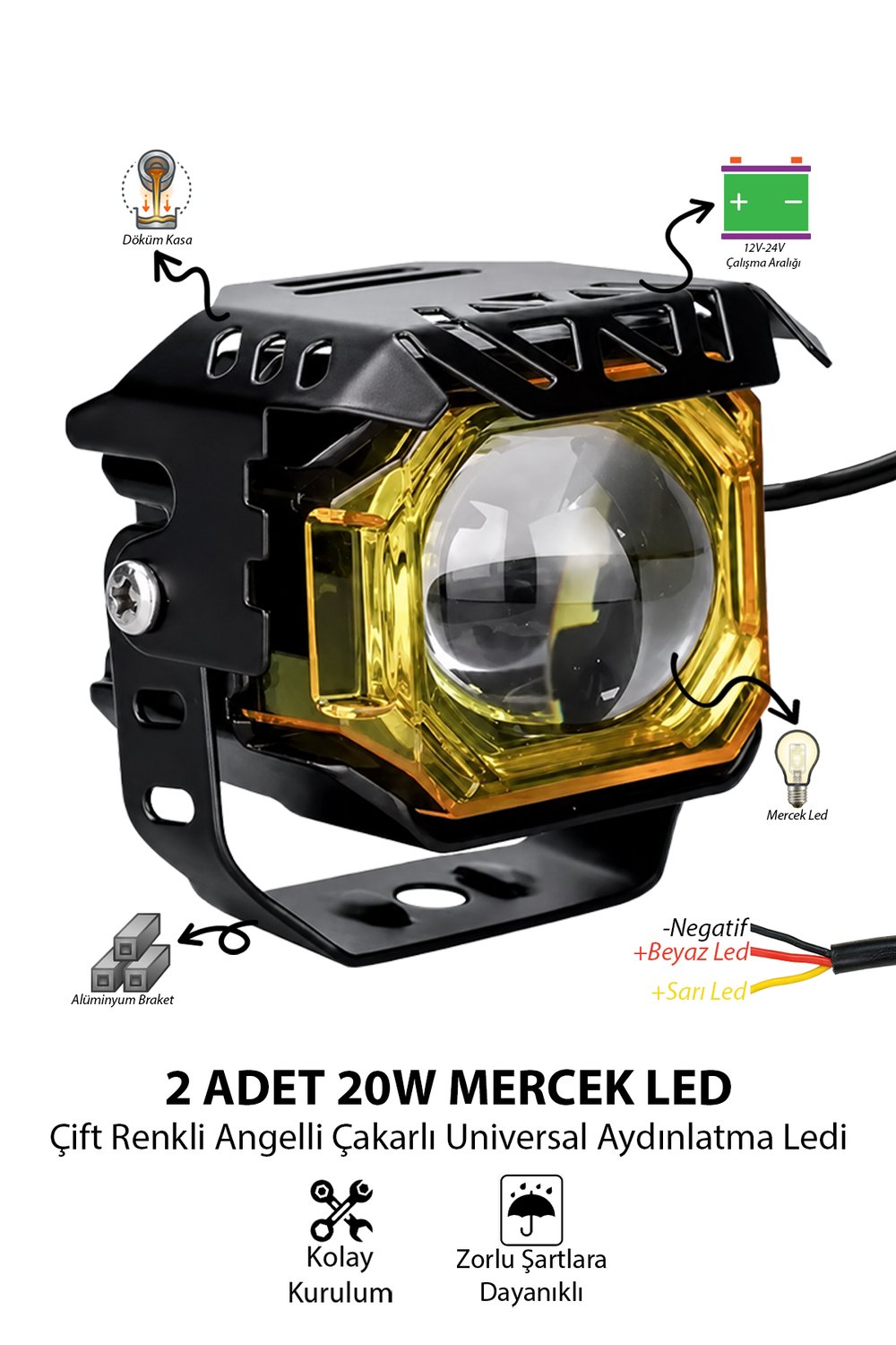 2 Adet 20W Çift Mercekli Angelli Motosiklet Sis Lambası Çift Renkli Beyaz Sarı ve Çakarlı 12V-24V Döküm Gövde Sarı