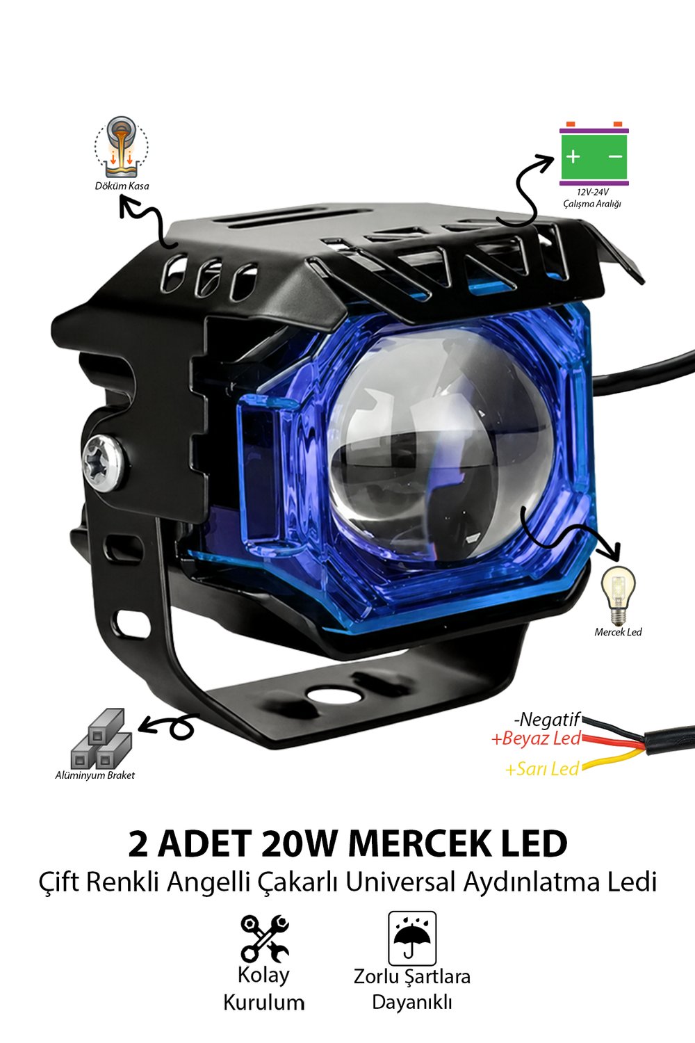 2 Adet 20W Çift Mercekli Angelli Motosiklet Sis Lambası Çift Renkli Beyaz Sarı ve Çakarlı 12V-24V Döküm Gövde Mavi