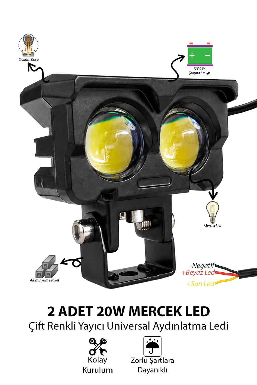 Motosiklet Led Sis Farı 2 ADET Çift Renk Beyaz-Sarı Işık 12V-24V Metal Gövde 20W Güçlü Işık Güvenli Sürüş İçin Led Lamba