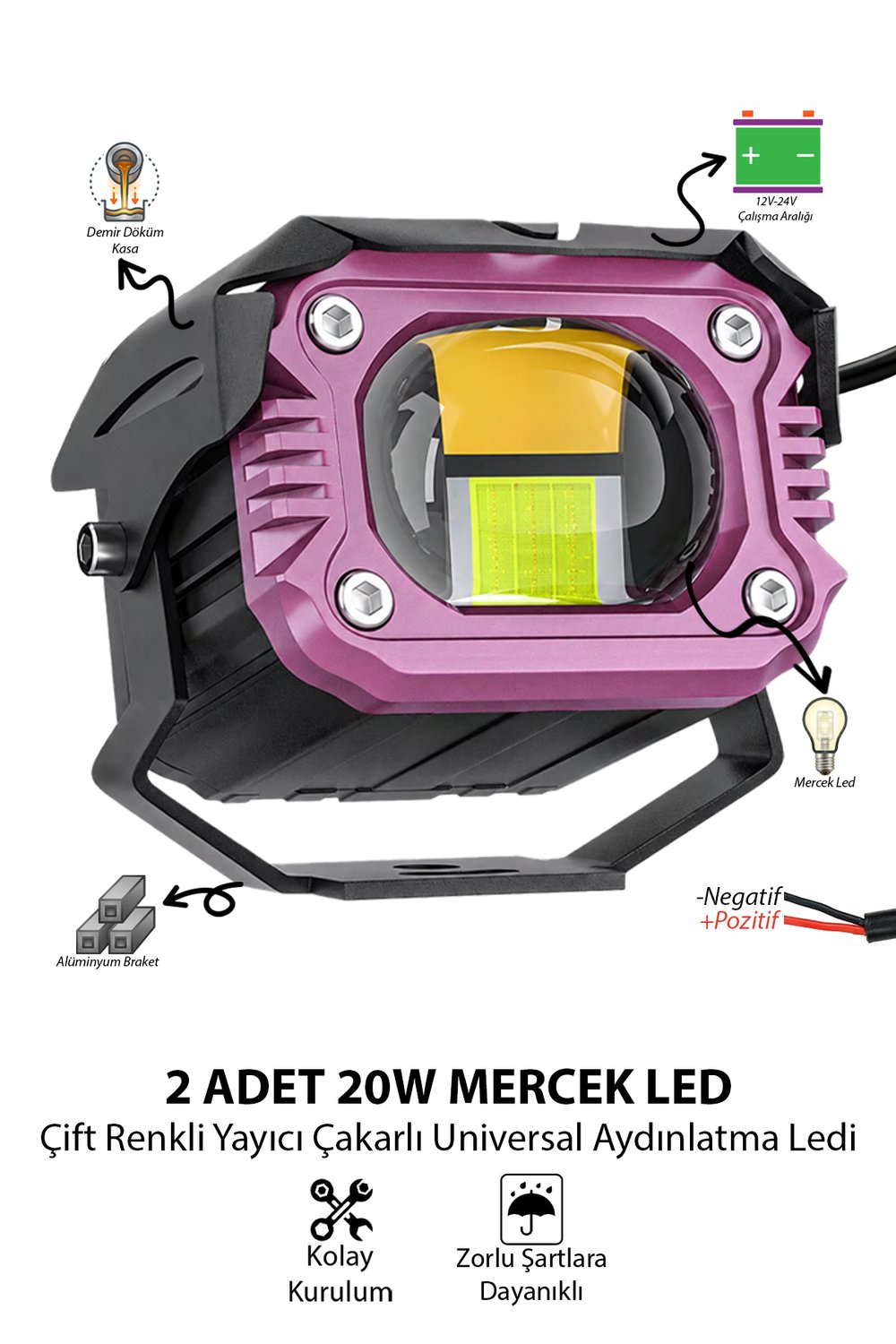 2 Adet 20W Mercekli Motosiklet Sis Lambası Çift Renkli Beyaz Sarı ve Çakarlı 12V-24V Demir Döküm Gövde