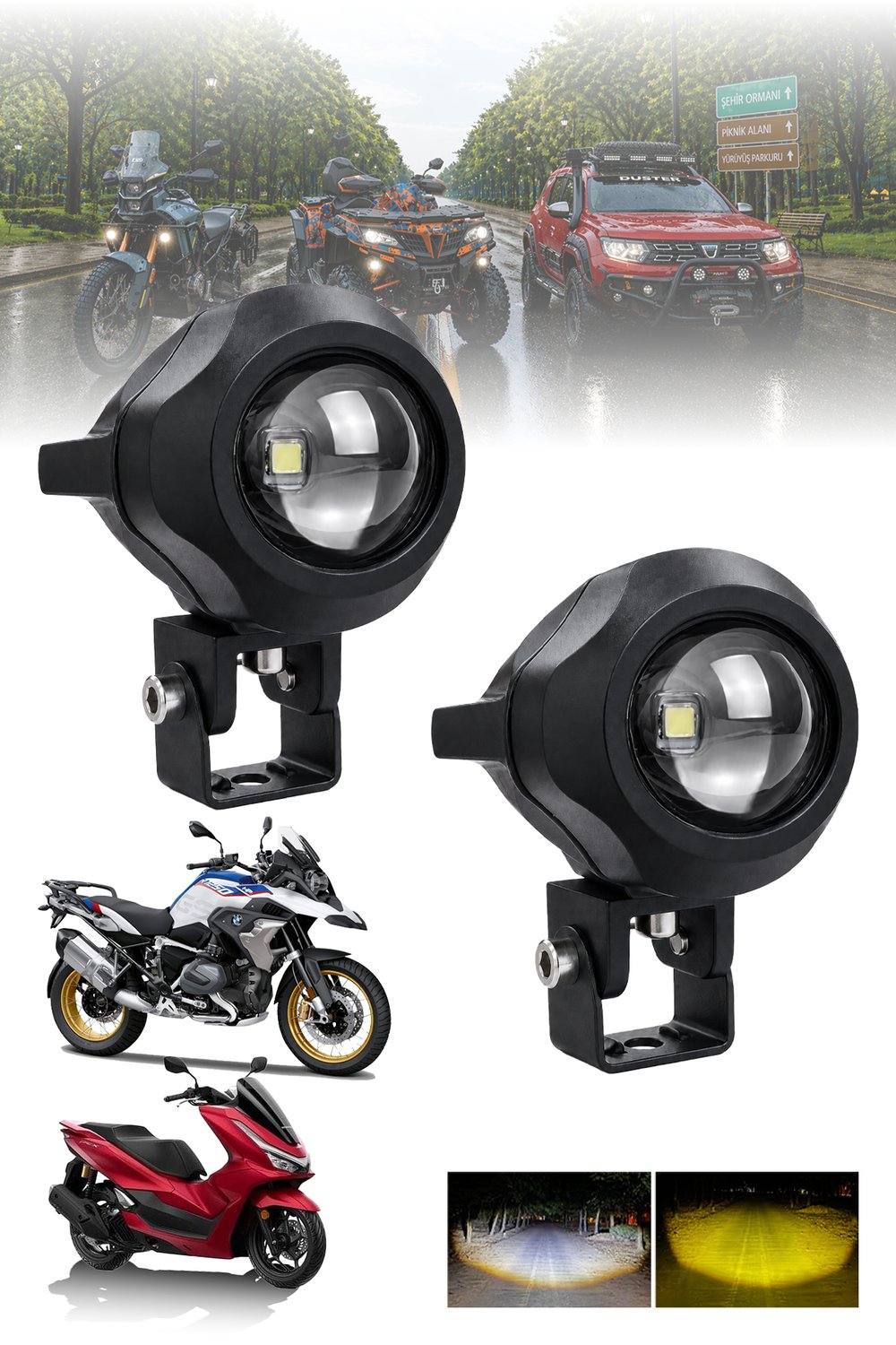 Motosiklet Sis Lambası 2 ADET Mercekli Çift Renkli Beyaz ve Sarı 12V-24V Döküm Gövde 20 W