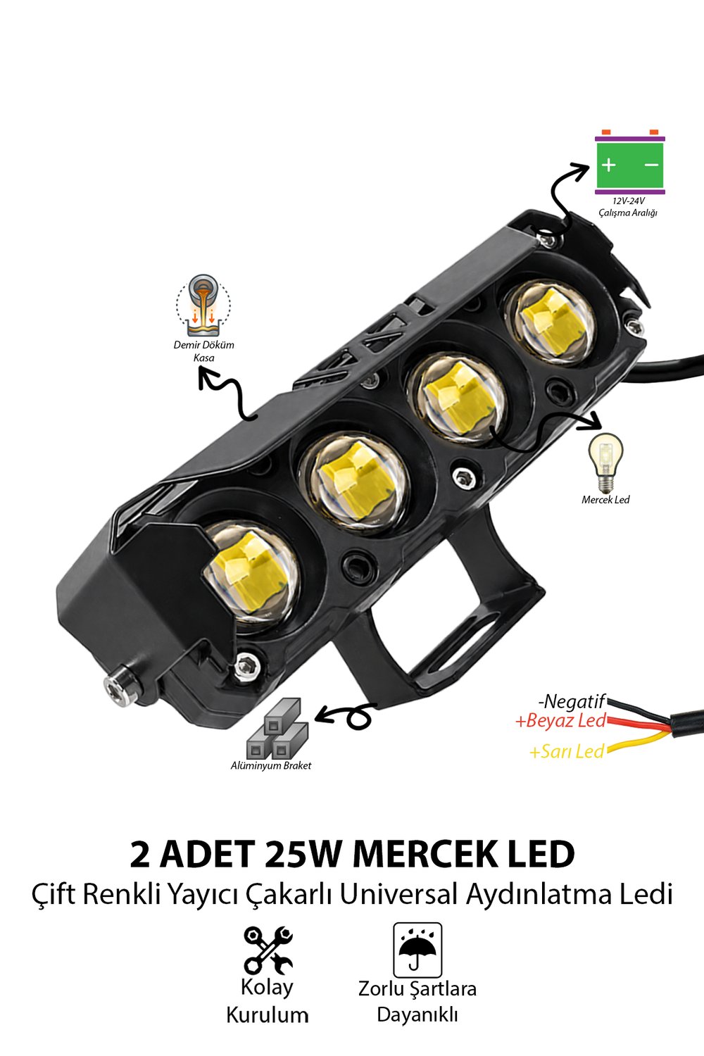 2 Adet 25W 4 Mercekli Motosiklet Sis Lambası Çift Renkli Beyaz Sarı 12V-24V Demir Döküm Siyah
