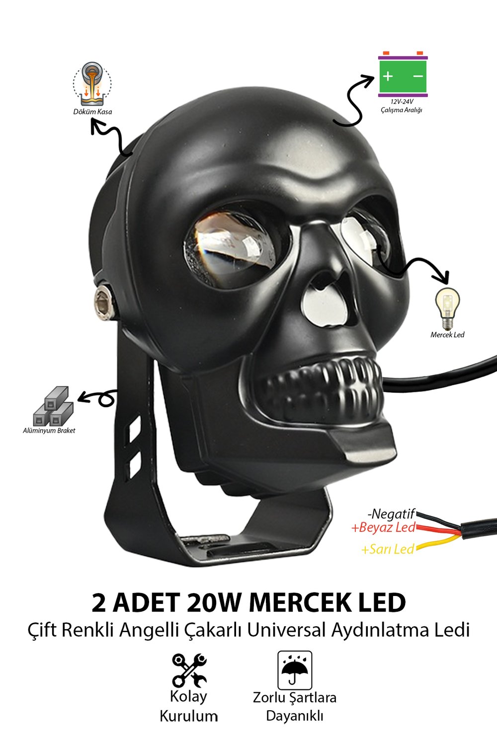 2 Adet 25W Çift Mercekli Kuru Kafalı Motosiklet Sis Lambası Çift Renkli Beyaz ve Sarı 12V-24V Döküm Gövde Siyah
