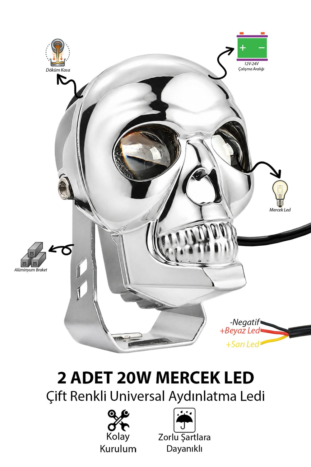 2 Adet 25W Çift Mercekli Kuru Kafalı Motosiklet Sis Lambası Çift Renkli Beyaz ve Sarı 12V-24V Döküm Gövde Gümüş