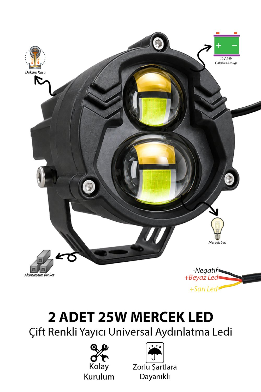 2 Adet 25W Çift Mercekli Motosiklet Sis Lambası Çift Renkli Beyaz ve Sarı 12V-24V Döküm Gövde