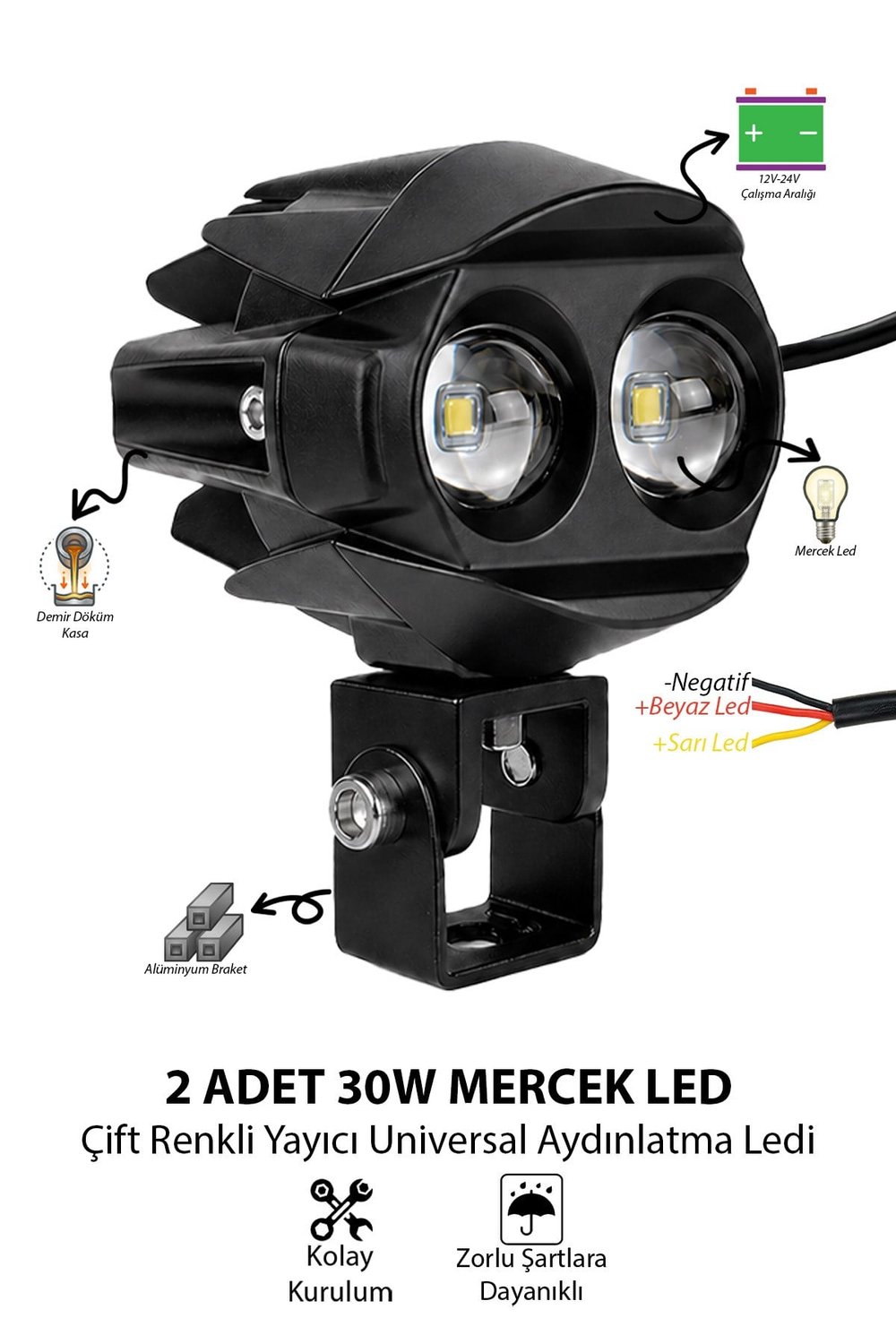 2 Adet 30W Çift Mercekli Motosiklet Sis Lambası Çift Renkli 12V-24V Demir Döküm Kasa Siyah
