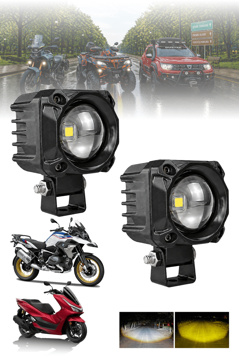 2 Adet 30W Tek Mercekli Motosiklet Sis Lambası Çift Renkli Beyaz Sarı 12V-24V Demir Döküm Siyah