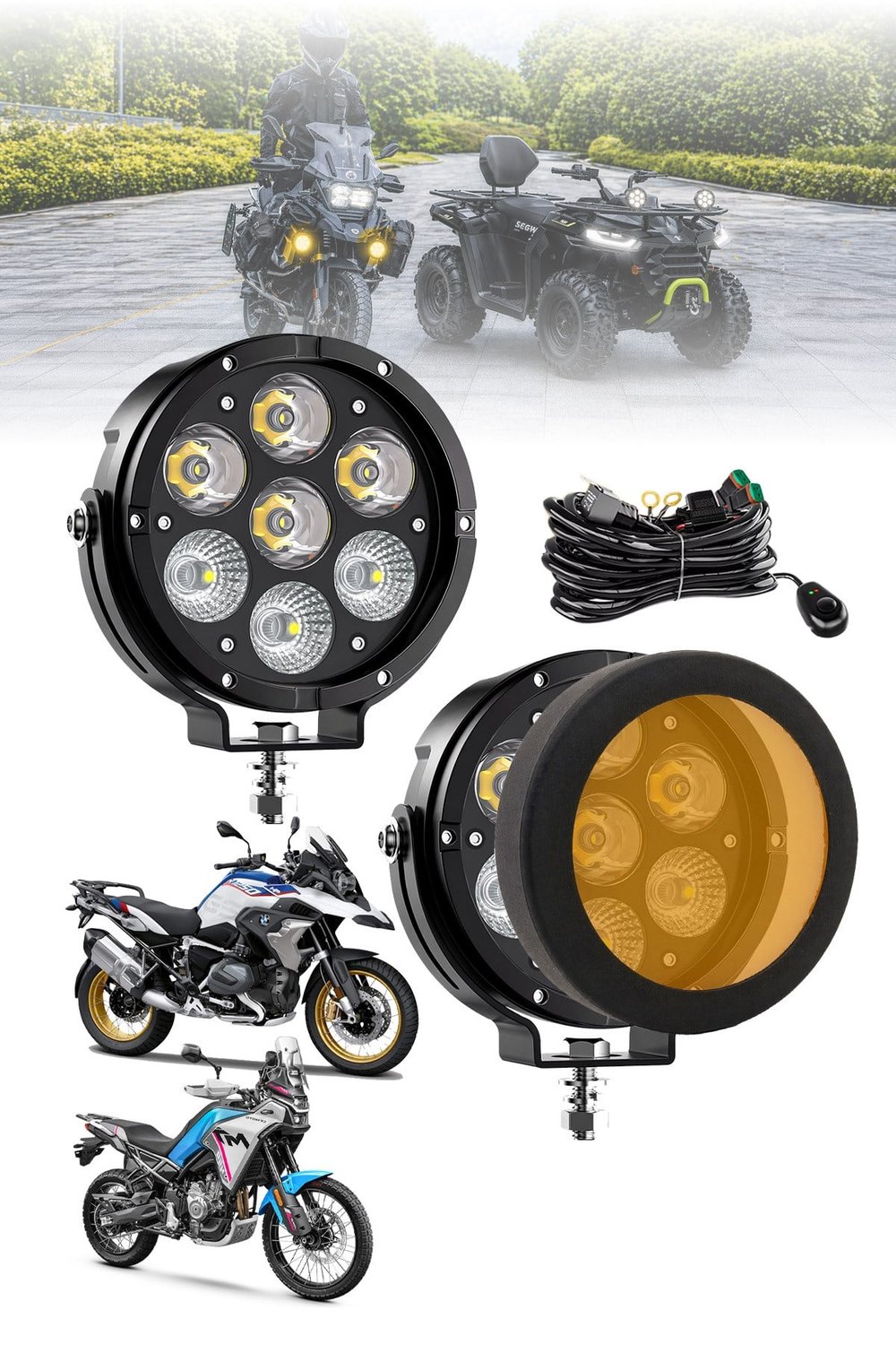 2 Adet 45W 7 Mercekli Sis Filtreli Yayıcı Motosiklet Off Road Aydınlatma Ledi Beyaz LED Sarı Çakar Modlu 12V-24V Kablo Setli Demir Döküm Siyah Renk
