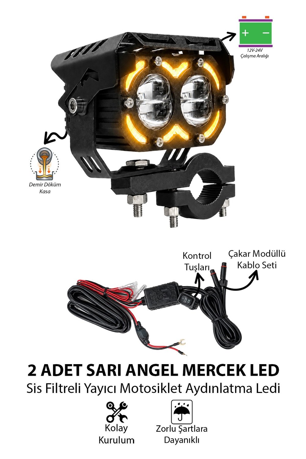 2 Adet Angel Çizgili Çift Mercekli Motosiklet Sis Lambası Sis Filtreli Beyaz LED Sarı Çakar Modlu 12V-24V Çakar Modüllü Kablo Setli Siyah Renk