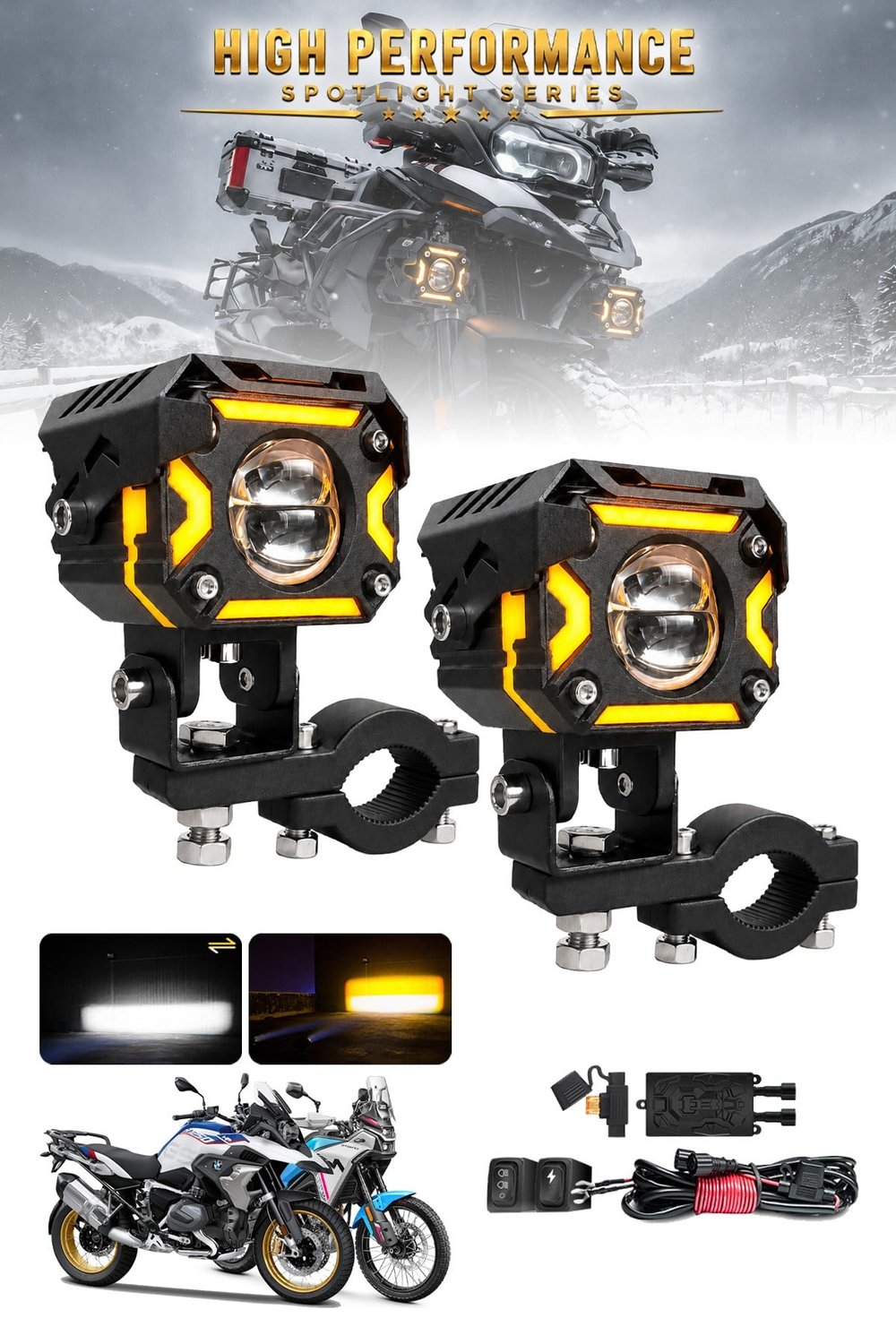 2 Adet Angel Çizgili Mercekli Motosiklet Sis Lambası Sis Filtreli Beyaz LED Sarı Çakar Modlu 12V-24V Çakar Modüllü Kablo Setli Siyah Renk