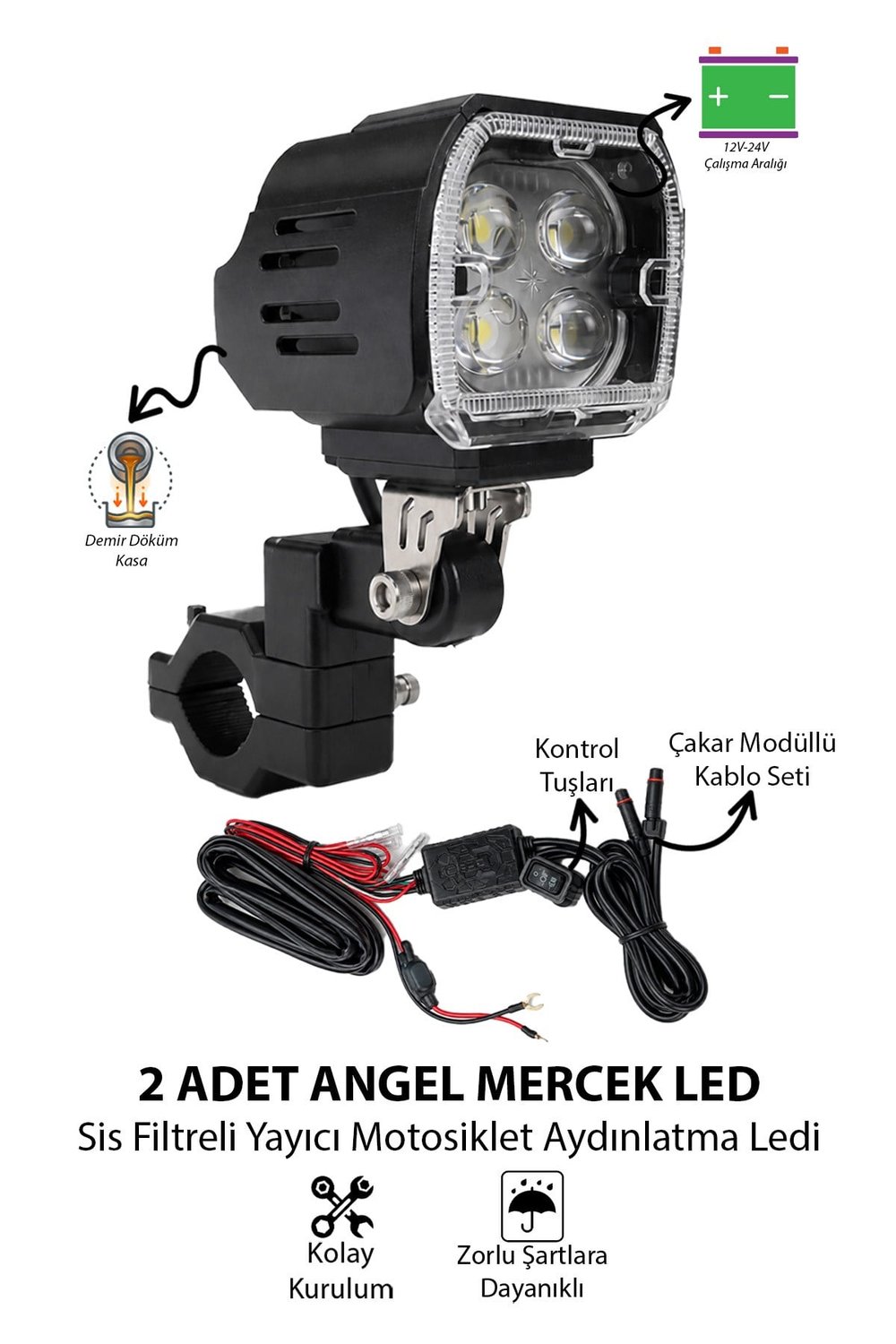2 Adet Angel Mercekli Motosiklet Sis Lambası Sis Filtreli Yayıcı Beyaz LED Sarı Çakar Modlu 12V-24V Çakar Modüllü Kablo Setli Demir Döküm Siyah Renk