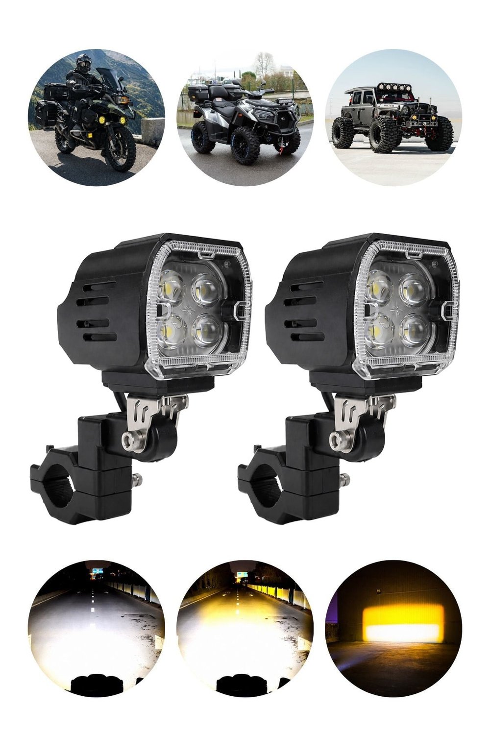 2 Adet Angel Mercekli Motosiklet Sis Lambası Sis Filtreli Yayıcı Beyaz LED Sarı Çakar Modlu 12V-24V Çakar Modüllü Kablo Setli Demir Döküm Siyah Renk
