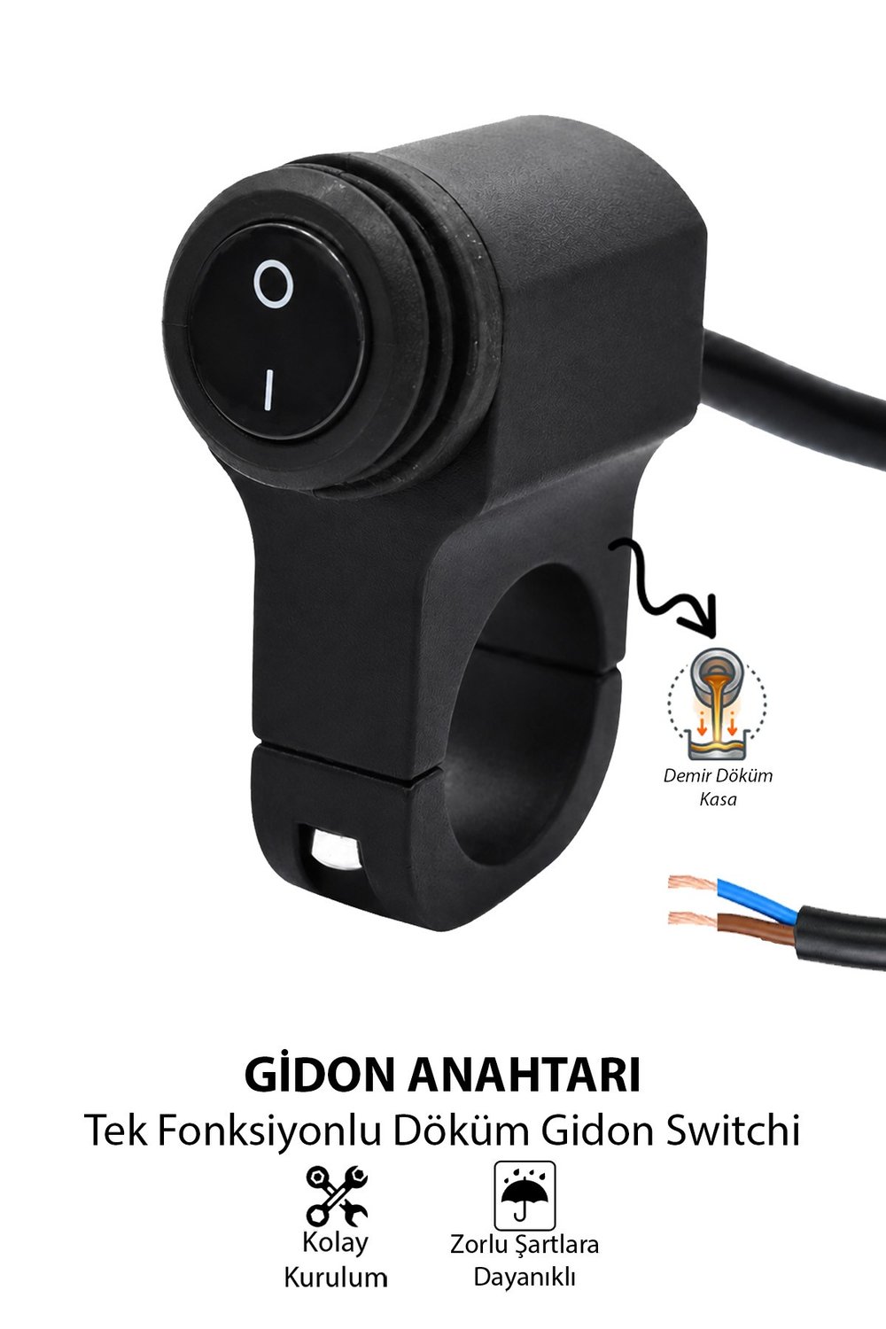 Gidon Anahtarı Tek Fonksiyonlu Aç Kapa Tuşlu Motosiklet Sis Farı Off Road Led Kontrol Switchi Gidon Bağlantılı Kablolu Demir Döküm Siyah Renk